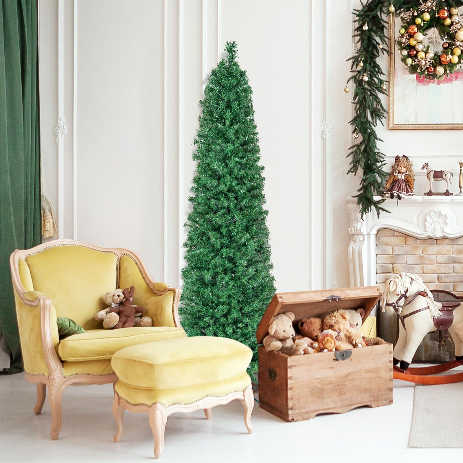COSTWAY Albero di Natale Artificiale con Fibra Ottica 150/180 CM, Albero di Natale Slim Preluminato con 361/517 Rametti, Base in Metallo Pieghevole, Ideale per Casa, Ufficio e Feste (180 cm)