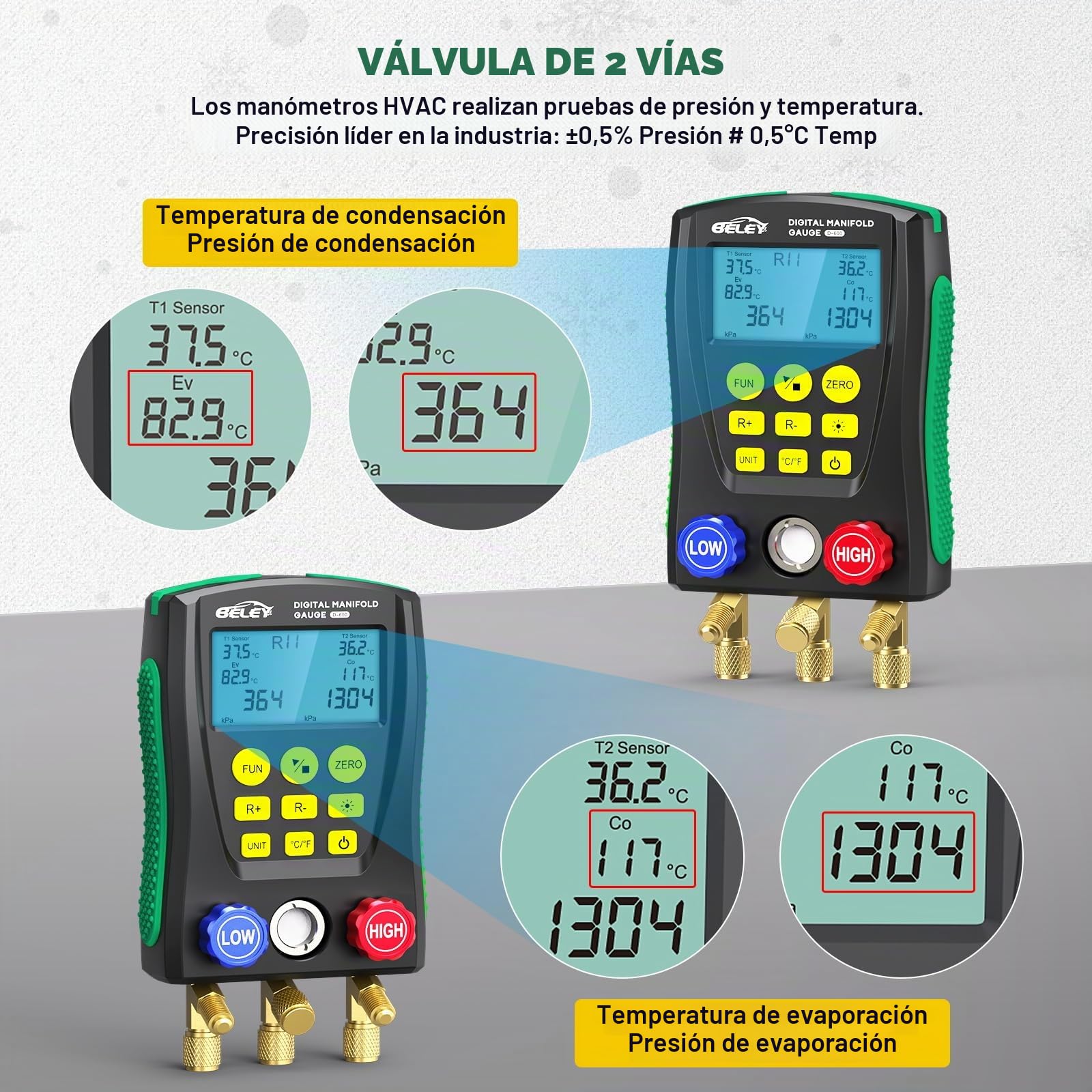 Manómetro Digital para Aire Acondicionado Kit HVAC con Base Datos 93 Refrigerantes, 150cm Mangueras de Refrigerante y Clips de Temperatura para Mantenimiento de Aires Acondicionados y Frigoríficos