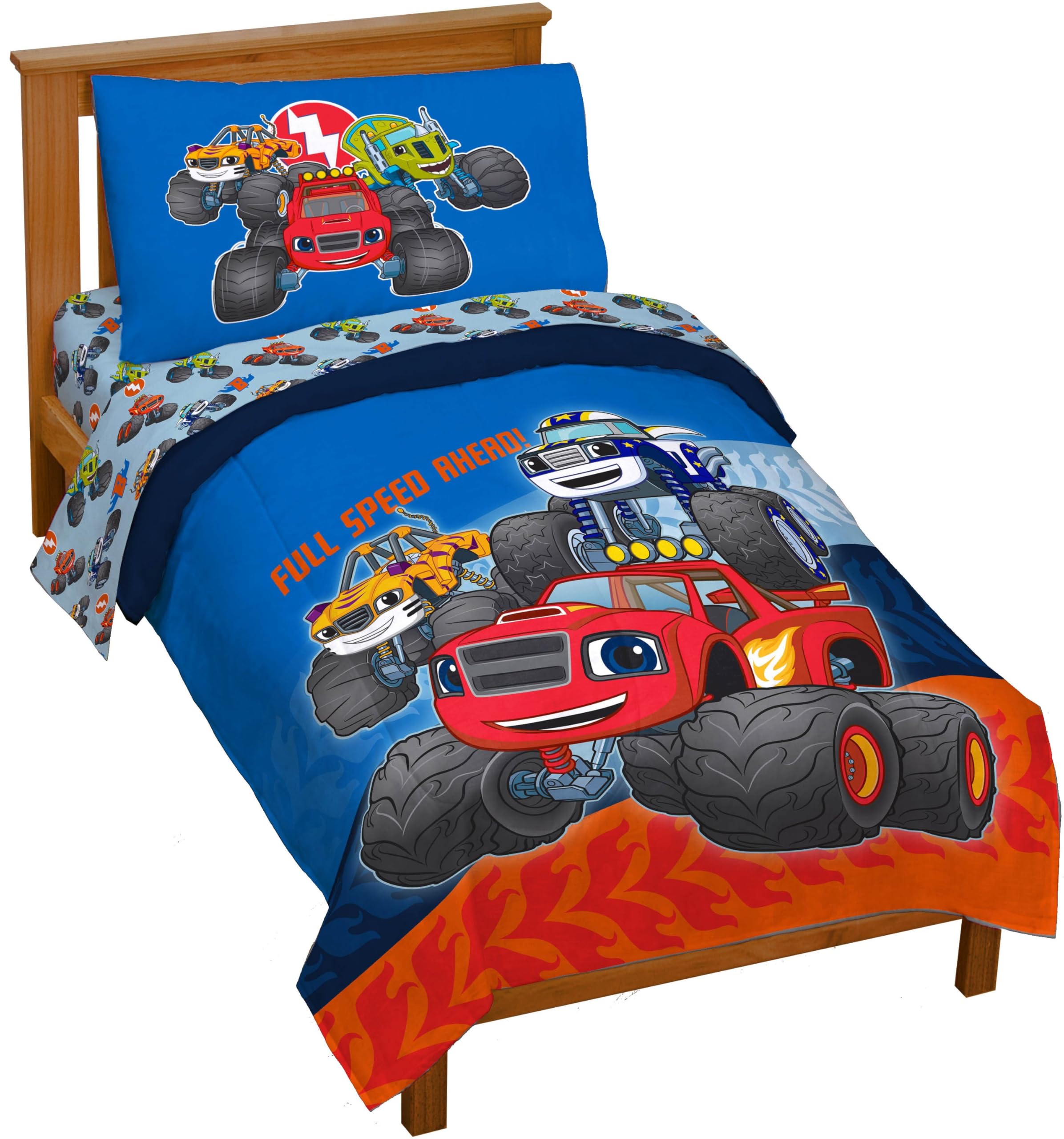 Jay Franco Kids Comforter Set Includes Sheets and Pillow Covers - Soft and Cozy Bed Set for Stylish Room Decor, Blue - Blaze and The Monster Machines, 4 Piece Toddler Size Bedding