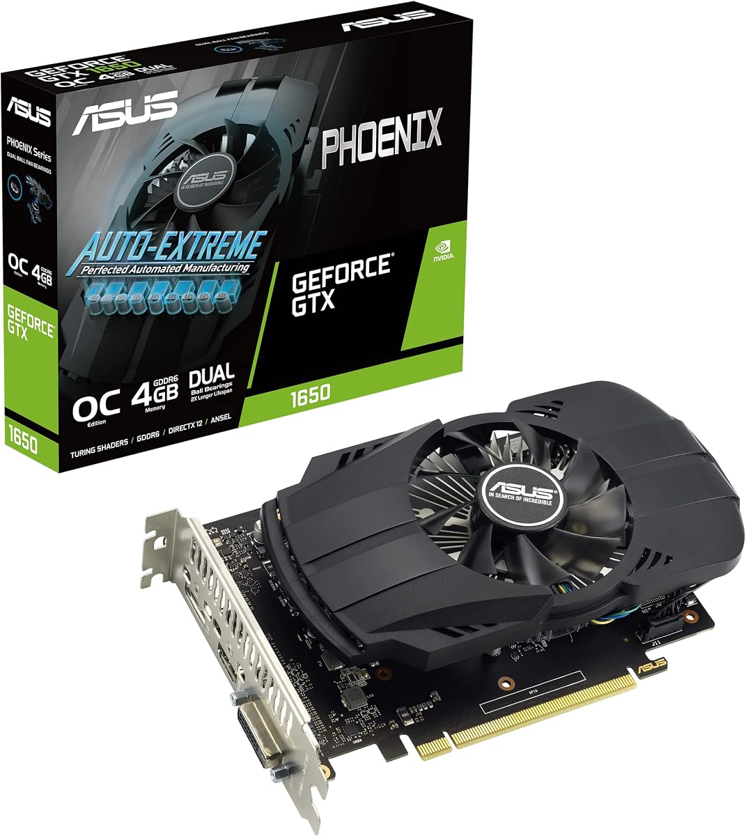 ASUS Phoenix NVIDIA GeForce GTX 1650 OC Edition Gaming Graphics Card (PCIe 3.0, 4GB GDDR6 Memory, HDMI 2.0, DisplayPort 1.4a, DVI-D, Dual Ball Fan Bearings, Auto-Extreme) (Renewed)