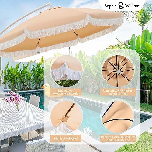 Miniatura 3 de Sophia & William Sombrilla de patio de 9 pies para exteriores, sombrilla voladiza con borla de flecos, fácil de levantar, protección UV, paraguas al