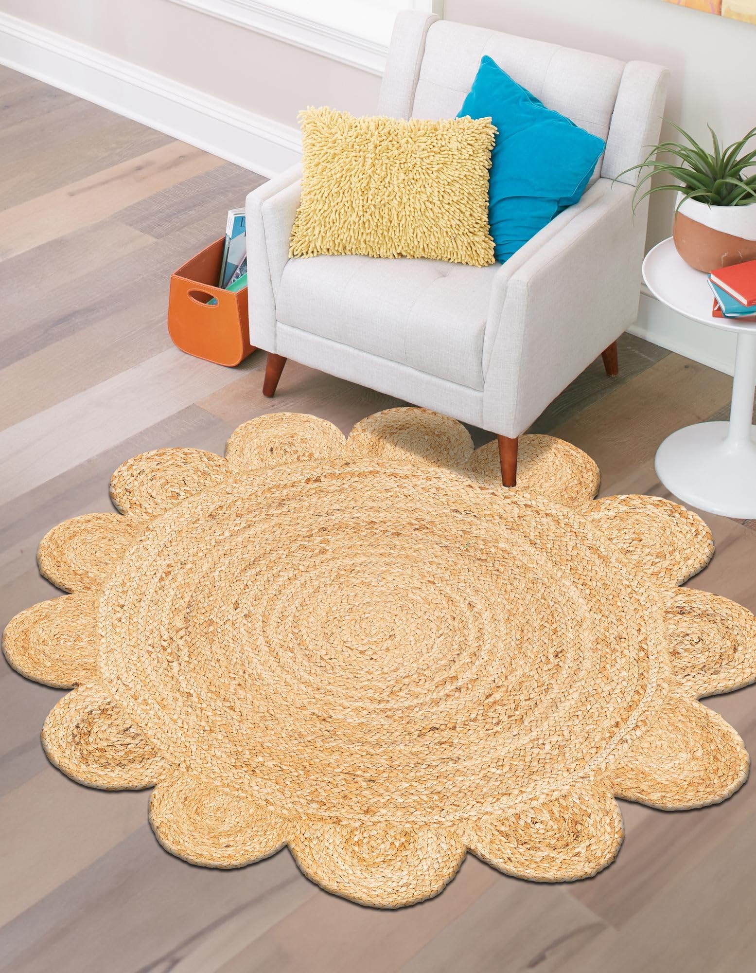 Tapis indien en jute naturelle tressée, faite à la main, motif festonné, pour salle à manger, chambre à coucher, salon, paillasson rond, 180 x 180 cm