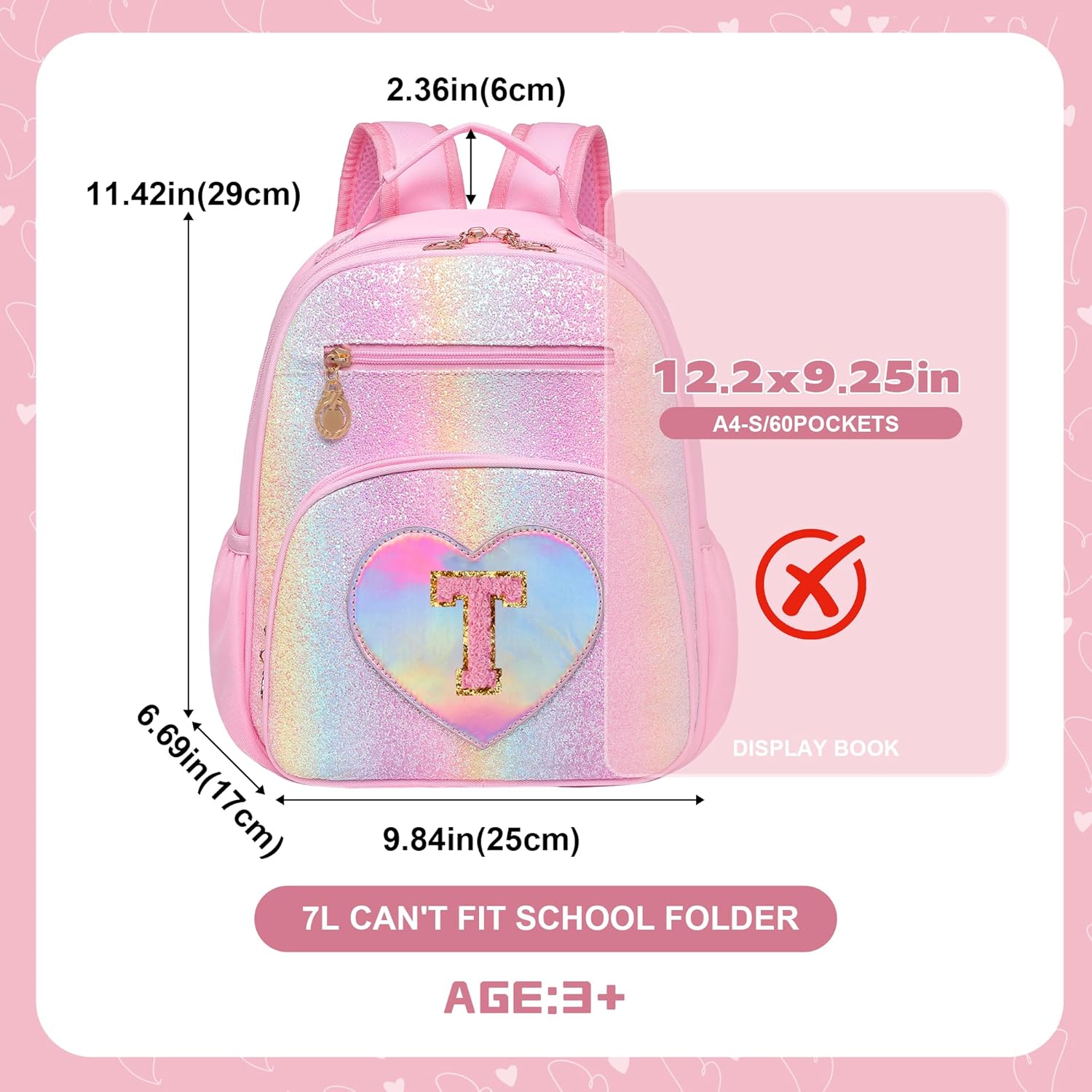 I IHAYNER Kids Glitter Initial Backpack Mini Backpack for Girls Lightweight Toddler Preschool Backpack Girls Personalized Trendy Stuff Gifts Pink T - Image 3