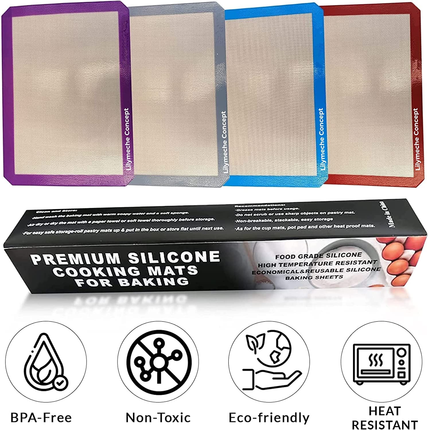 Silikon-Backmatte (4-teilig), BPA-frei, groß, antihaftbeschichtet, für Küche, professionell, wiederverwendbar, hitzebeständig, Backformen, für Kekse und Gebäck mit Silikon-Spatel