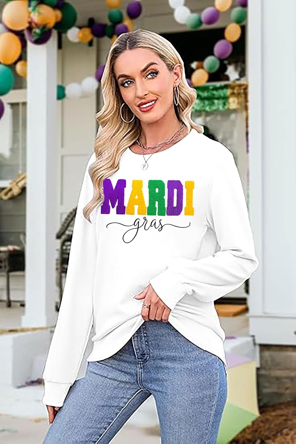Women Mardi Gras Sweatshirt New Orleans Carnival Outfit Chenille Patch Pullover Tops Fat Tuesday Sweatshirt - Image 7