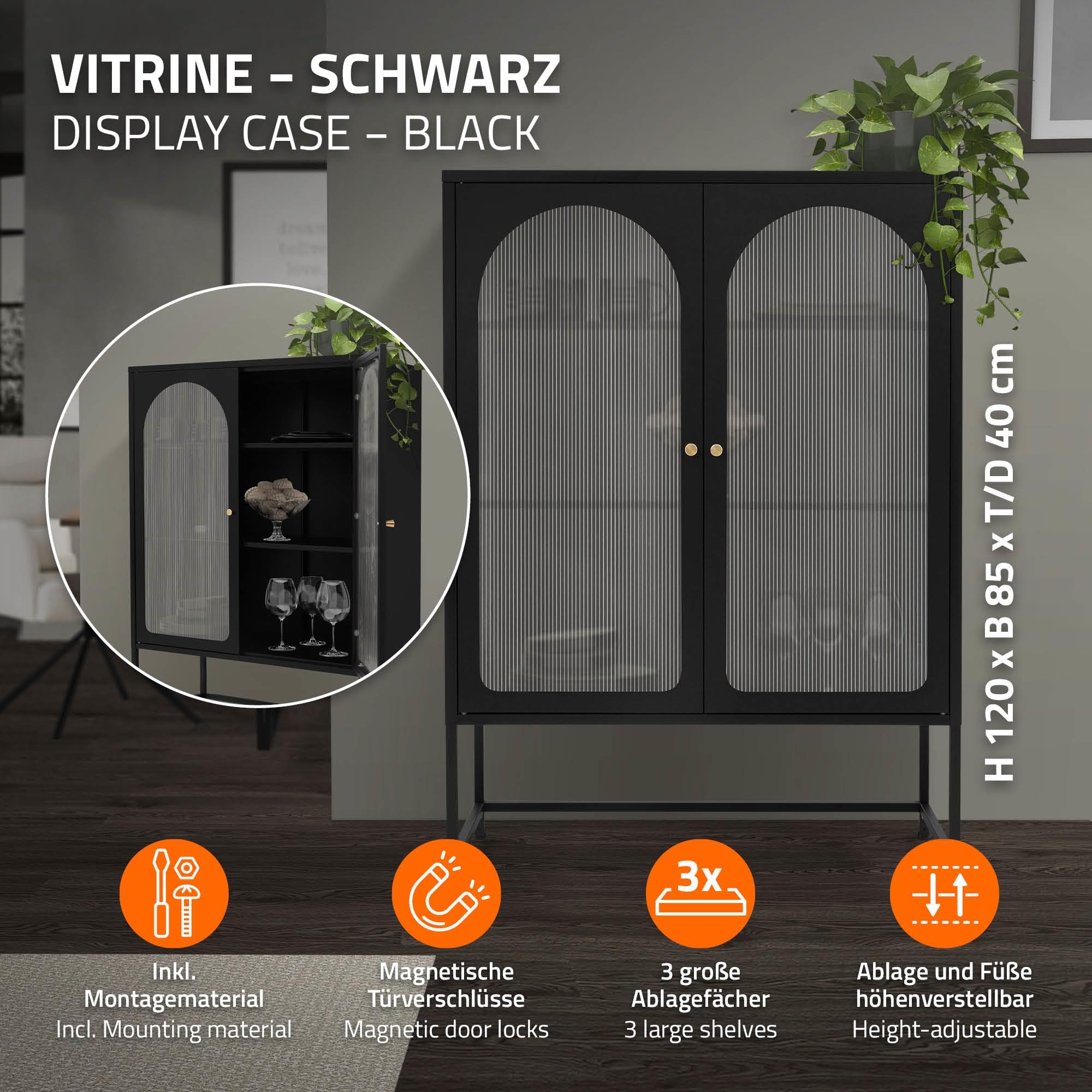ML-Design Vetrina 85x120x40 cm Nera – Armadio con 3 Ripiani e 2 Ante con Chiusura Magnetica – Mobile in Acciaio Stile Industriale per Soggiorno Libreria Archivio Ufficio