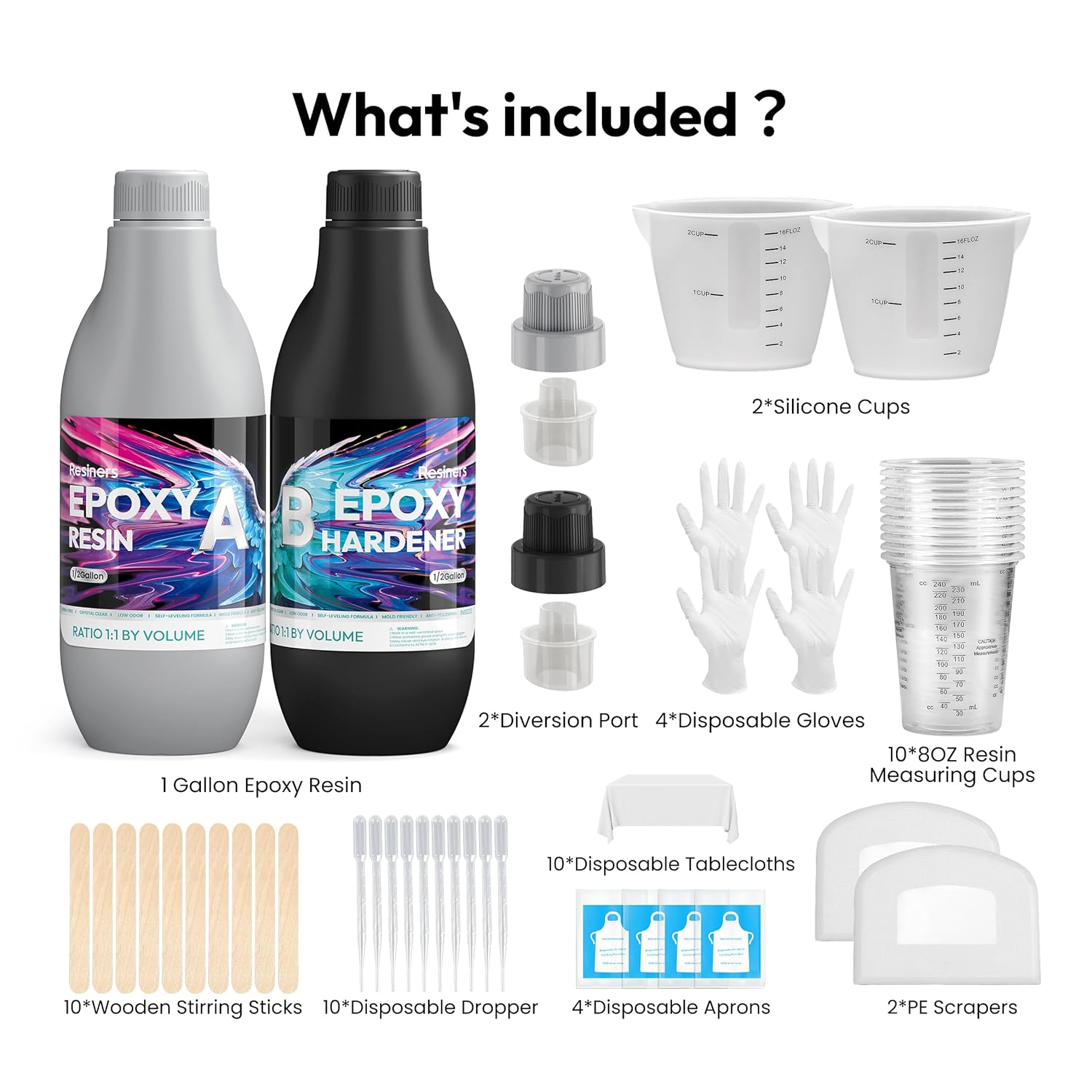 Epoxy Resin, Resiners 1 Gallon Epoxy Resin Kit for Mold Casting Jewelry Making Wood Coating DIY Crafts, Crystal Clear, with Diversion Port and Essential Tools, High Gloss Non Yellowing No Bubble