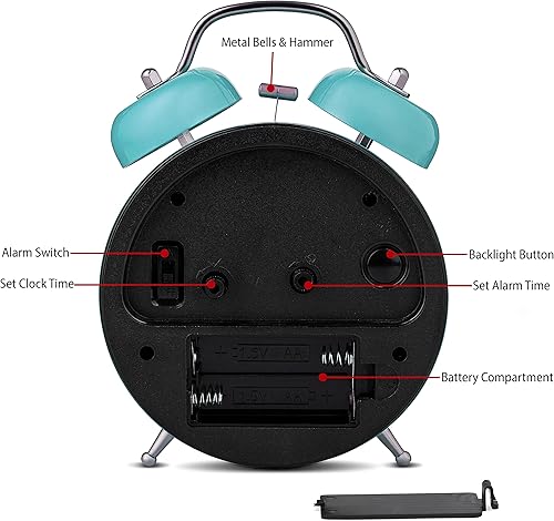 Miniatura 4 de Bernhard Products Reloj despertador analógico de 4 pulgadas, doble campana, color azul, silencioso, sin tictac, de cuarzo, funciona con pilas, extra