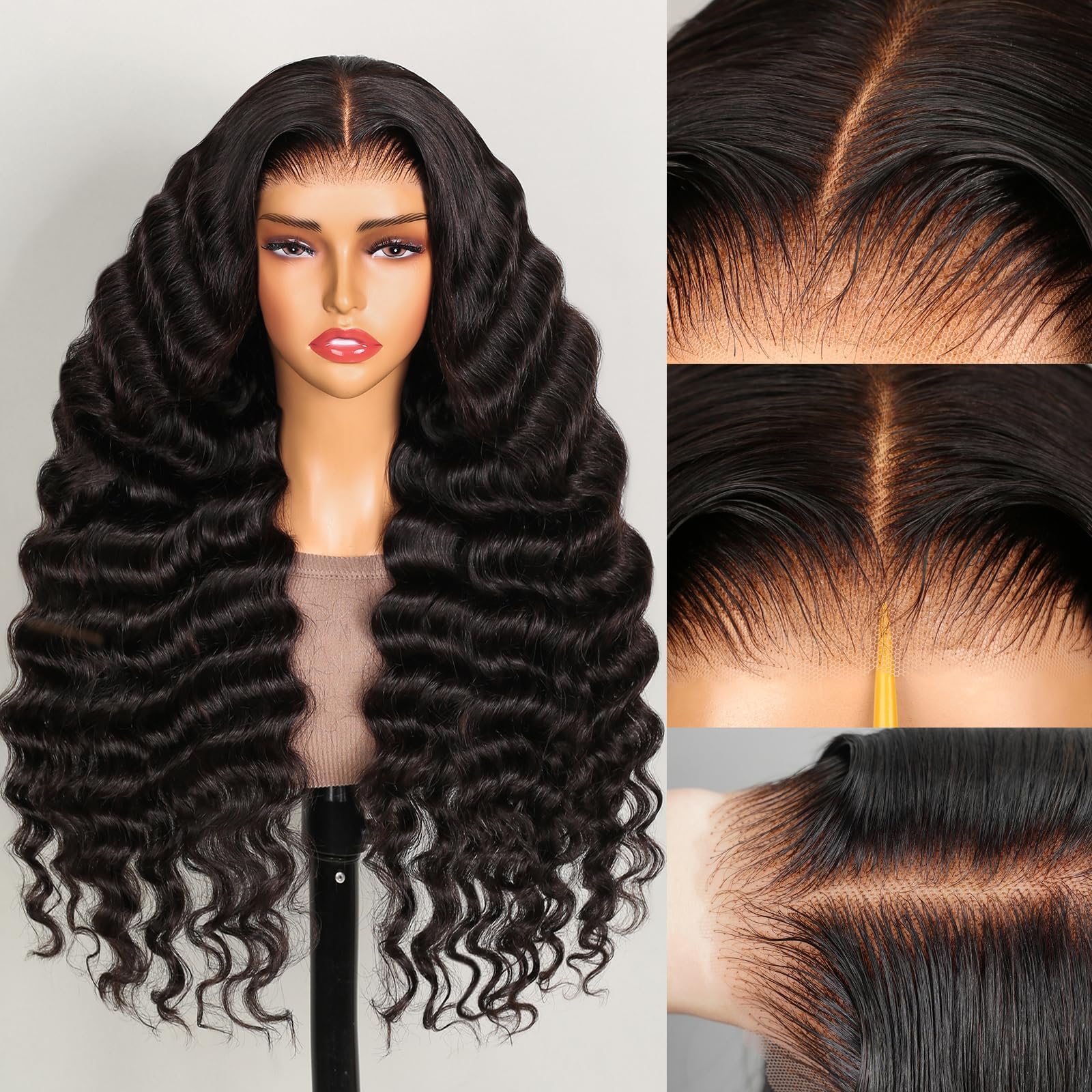 MEGALOOKWear and Go Glueless Wigs Human Hair Pre Plucked Pre Cut 220% Density Loose Deep Wave Lace Front Wigs 6x5 Closure Wigs Human Hair 12A Loose Curly Wig Bleached Knots 24 InchCarbonfree Certified