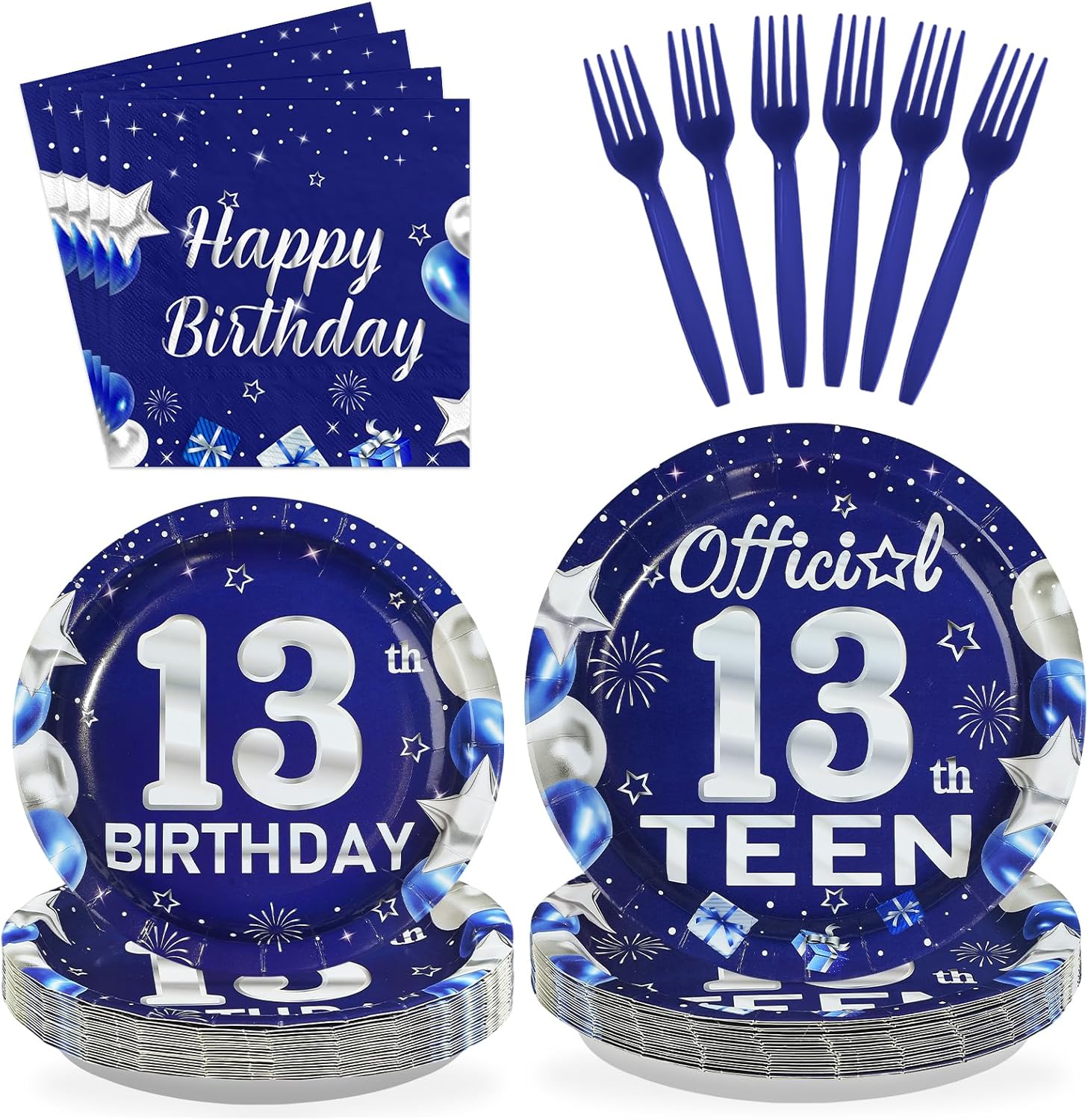 96Pcs 13th Birthday Party Supplies Blue and Silver Plates and Napkins Disposable Official Blue Silver Teenager 13 Years Old Paper Tableware Set for Boys Girls 13th Birthday Party Decorations Serves 24