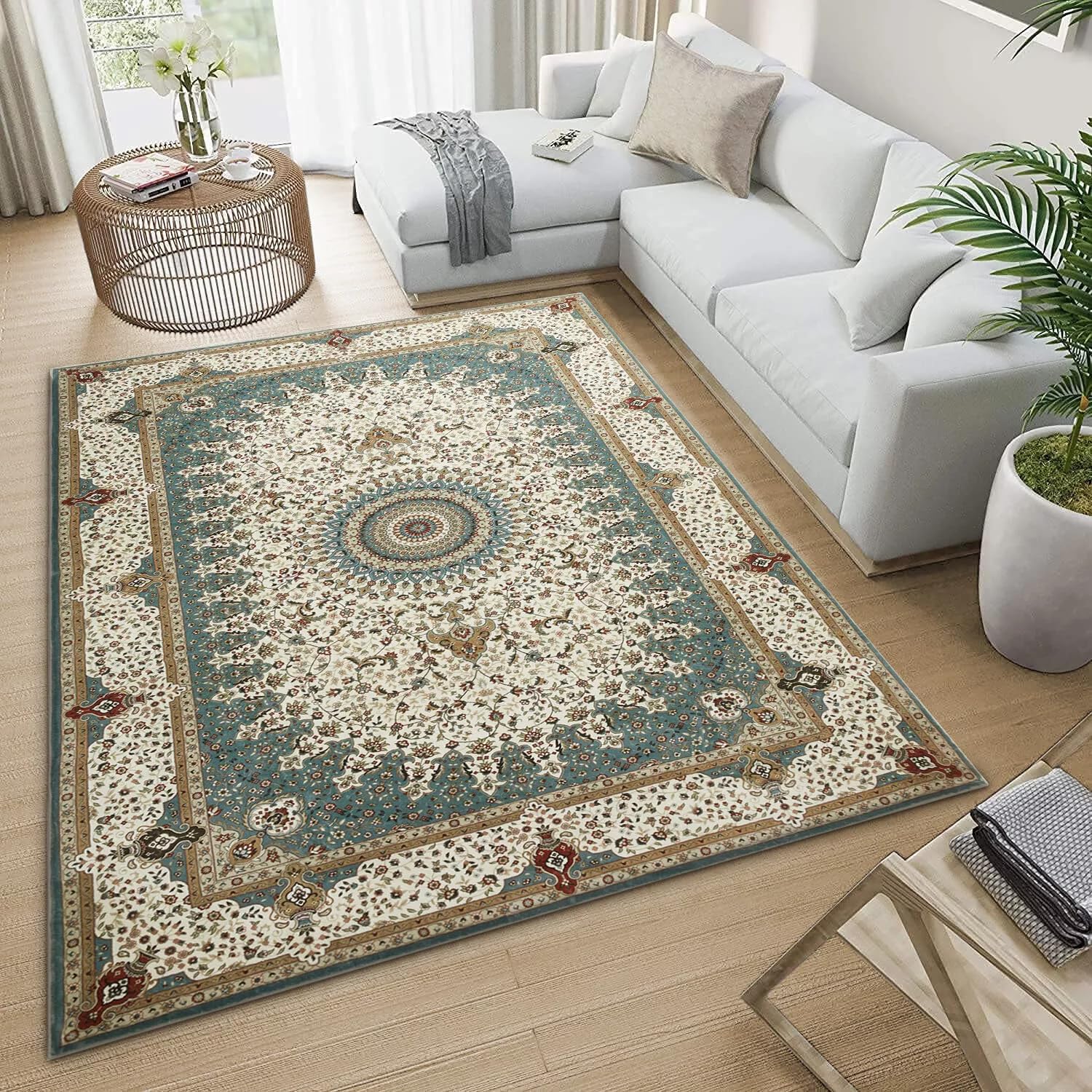 Imperial Rooms Machine Washable Bedside Small Rug 40x60 cm - Soft Short Pile Green Area Rugs For Bedroom Entrway Non Slip Floor Carpet Traditional Vintage Design Cashmere Door Mat For Kitchen, Willow โ image 1
