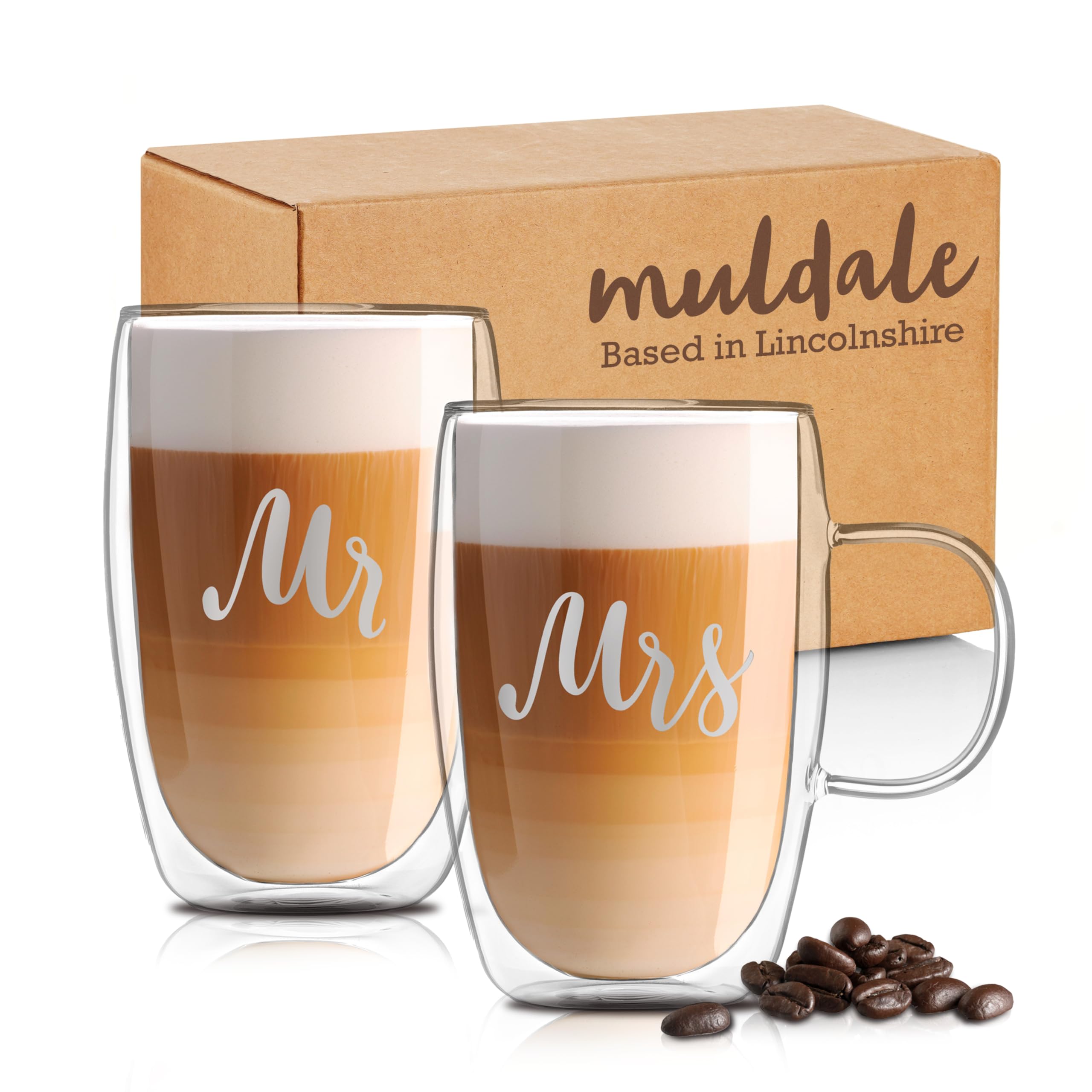 Muldale Mr and Mrs Mugs, Coffee Cup Set, Insulated Borosilicate Glass, 430ml His and Hers Large Latte Glasses