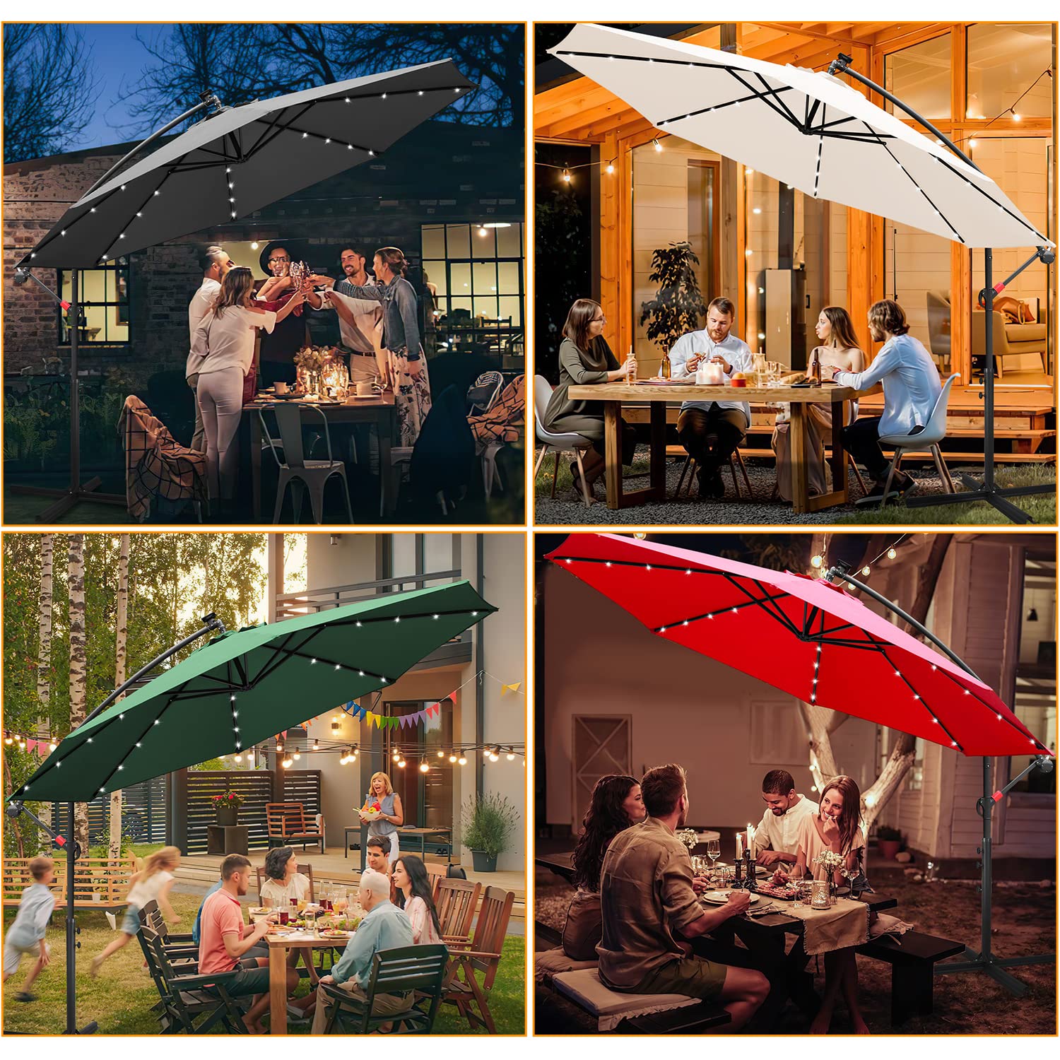 Fiqops Parasol solaire LED - Diamètre : 350 cm - Avec manivelle - En aluminium - Avec support - Protection solaire - Protection UV - En aluminium - Parasol de marché étanche pour le jardin