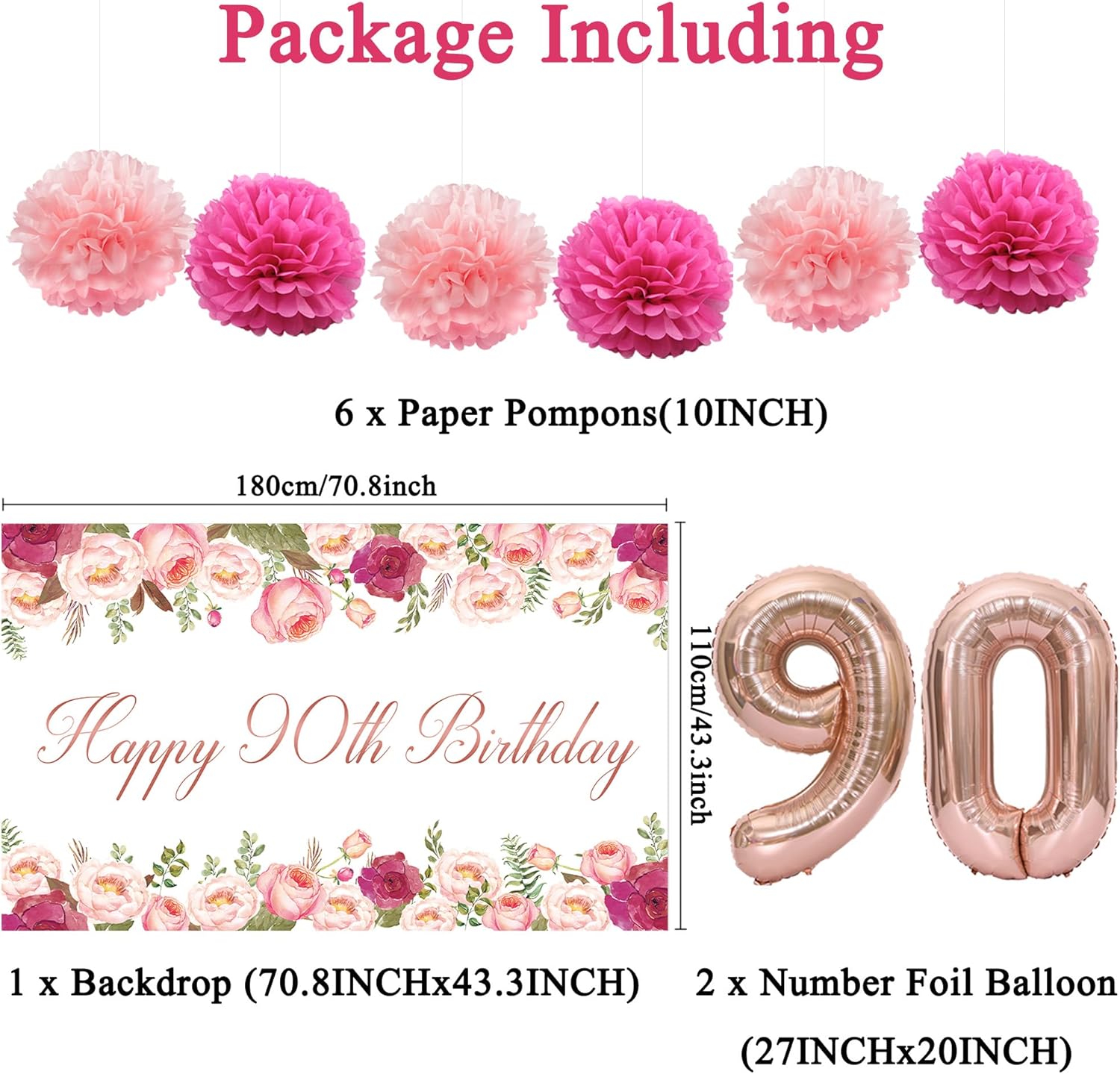Vlipoeasn Flower 90th Birthday Decorations for Women, Rose Gold 90th Birthday Backdrop Banner, Cake Topper, Honeycomb, Hanging Swirl for Party, Cheers to 90 Years Old Party Supplies