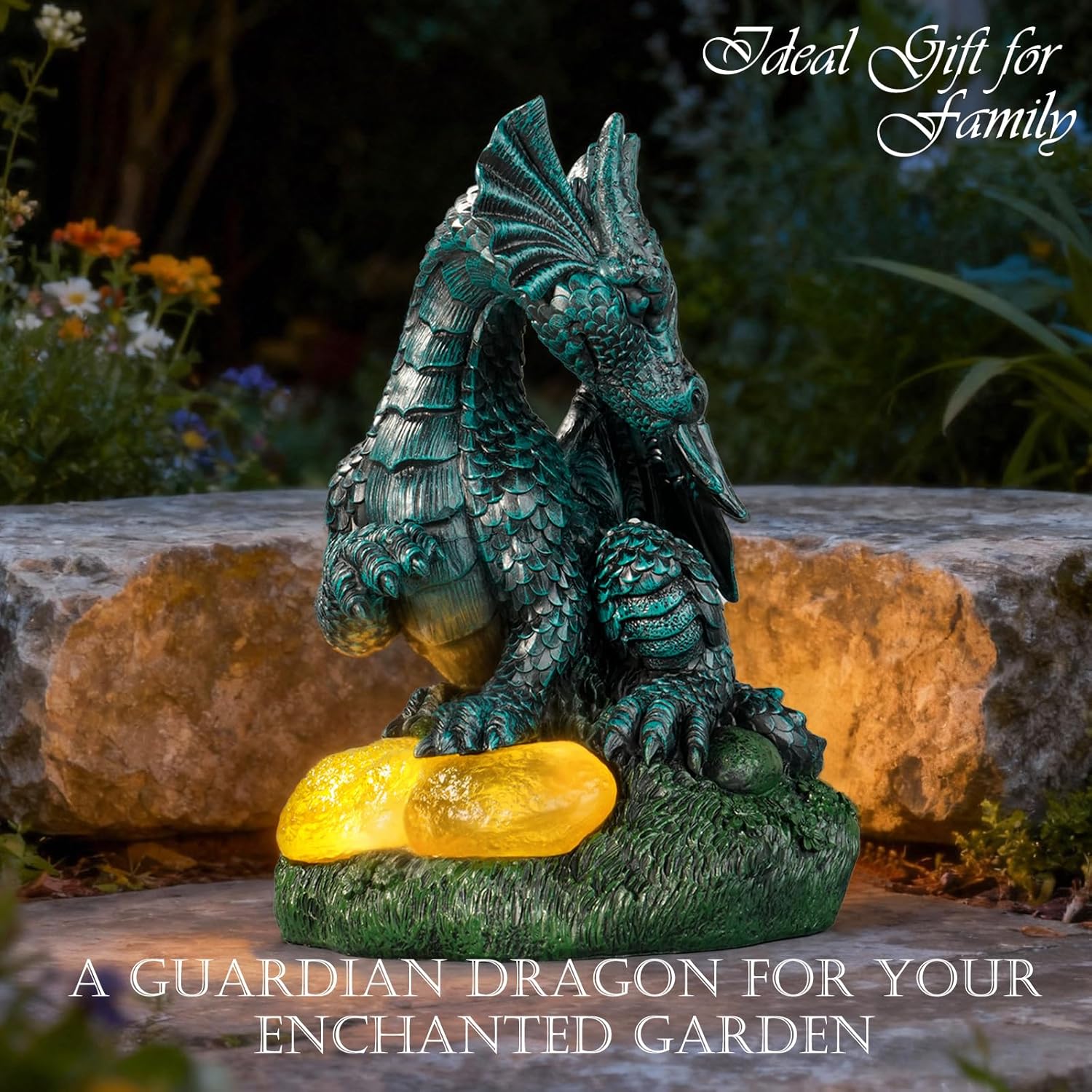 Dragon Statue Outdoor Decor, Porch Dragon Statue with Precious Stone Light - 7.8 inch Lawn Ornaments, Perfect Patio Decor & Yard Decorations Outdoor - Image 7
