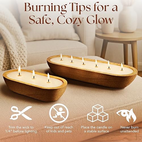 Vista 5 de Dough Bowl Candle Co. Christmas Tree Soy Candle - 3 Wick Rustic Farmhouse Decor Odor Eliminator in Ornamental Wooden Bowls, 20 Ounce All-Natural