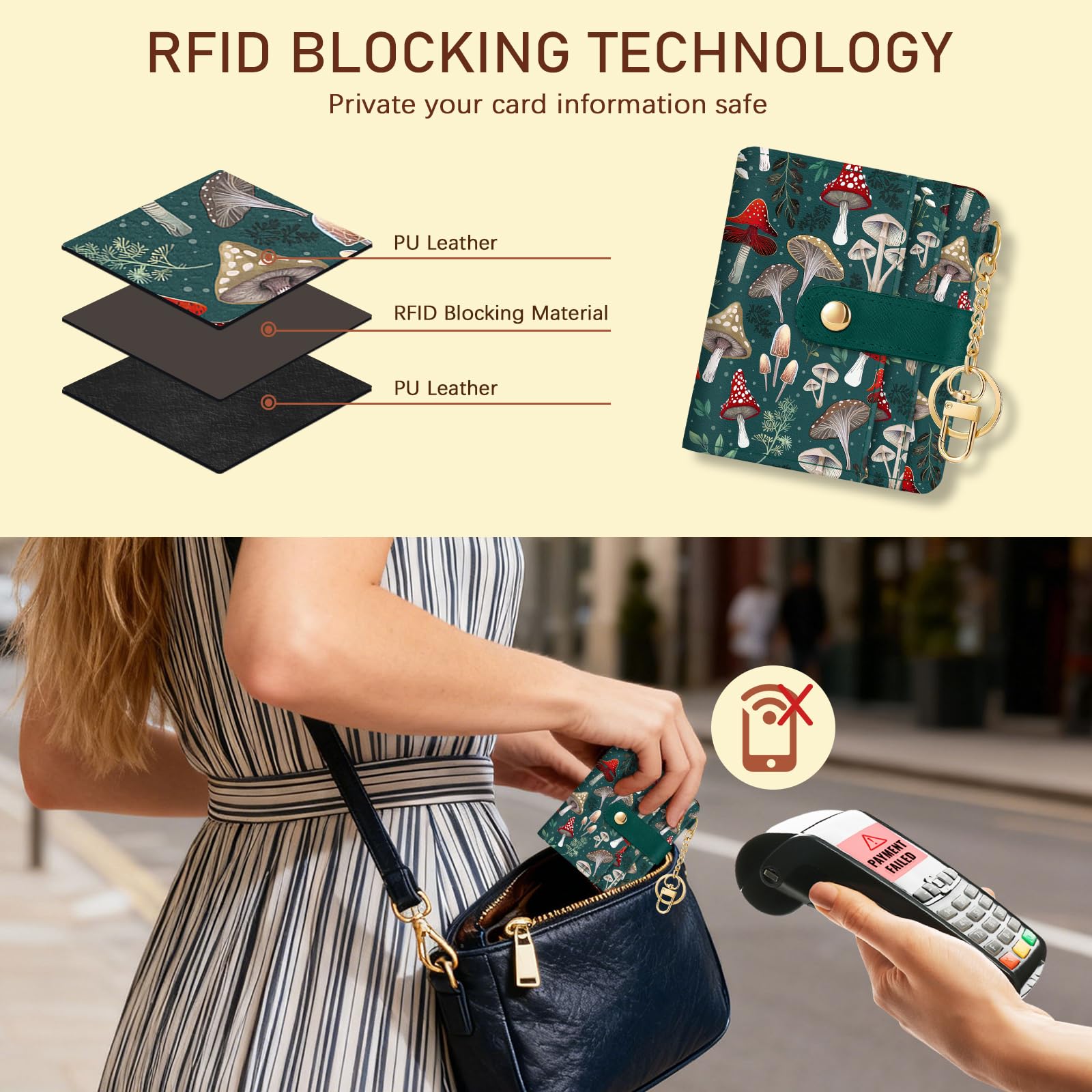 Jogjam  Rfid Ladies Wallet, Small Slim Thin Compact Credit Card Women Wallet, PU Leather Bifold Cash Zipper Coin Pocket ID Window for Female: Mushroom Green