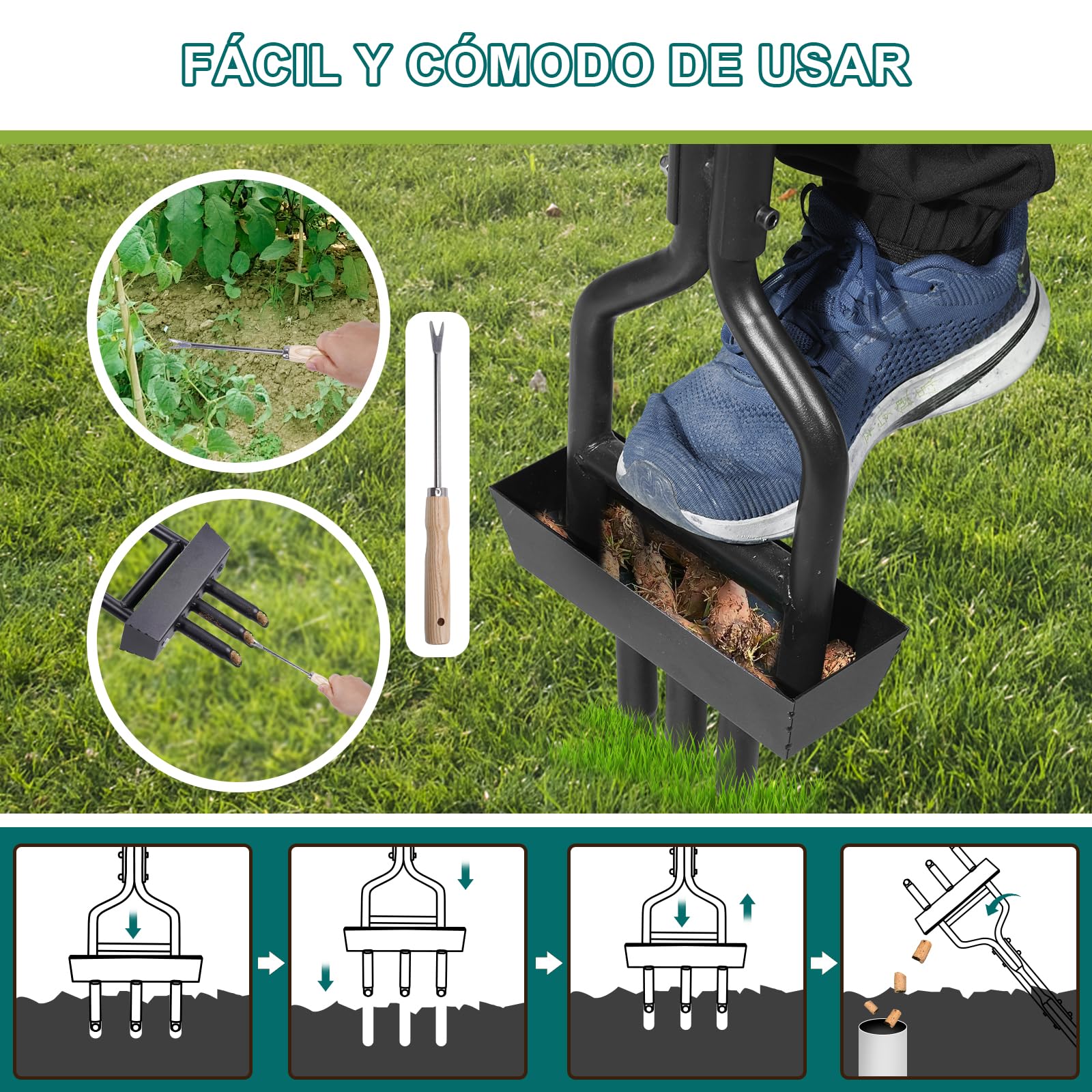 HYCHIKA Aireador de Césped, Aireador de Púas Huecas con 3 Púas Huecas, Caja de Recogida de la Columna de Tierra, Mango en T, Herramienta Manual de Aireación de Césped para Jardín, Cuidado del césped