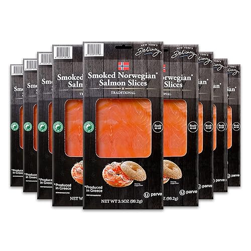 Miniatura 1 de New York's Delicacy Rebanadas de salmón ahumado noruego, tradicionales naturales, 9 x 3.5 onzas, certificado Kosher, sin gluten, alto en omega-3,