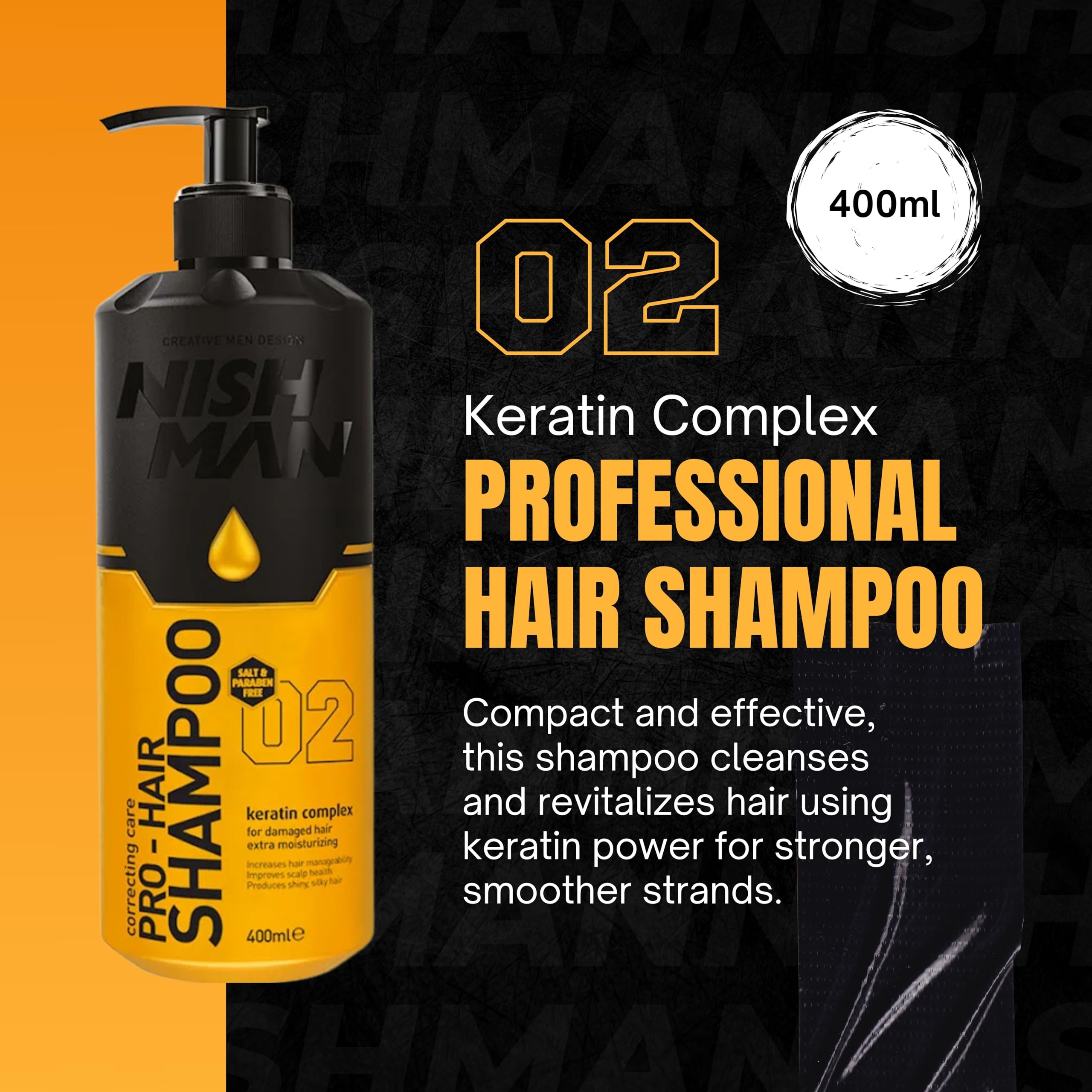 NISHMAN Pro-Hair Shampoo, Keratin Complex 400ml, Salt Free, Paraben Free, Enhances Scalp Health, Adds Shine & Silkiness - Image 2