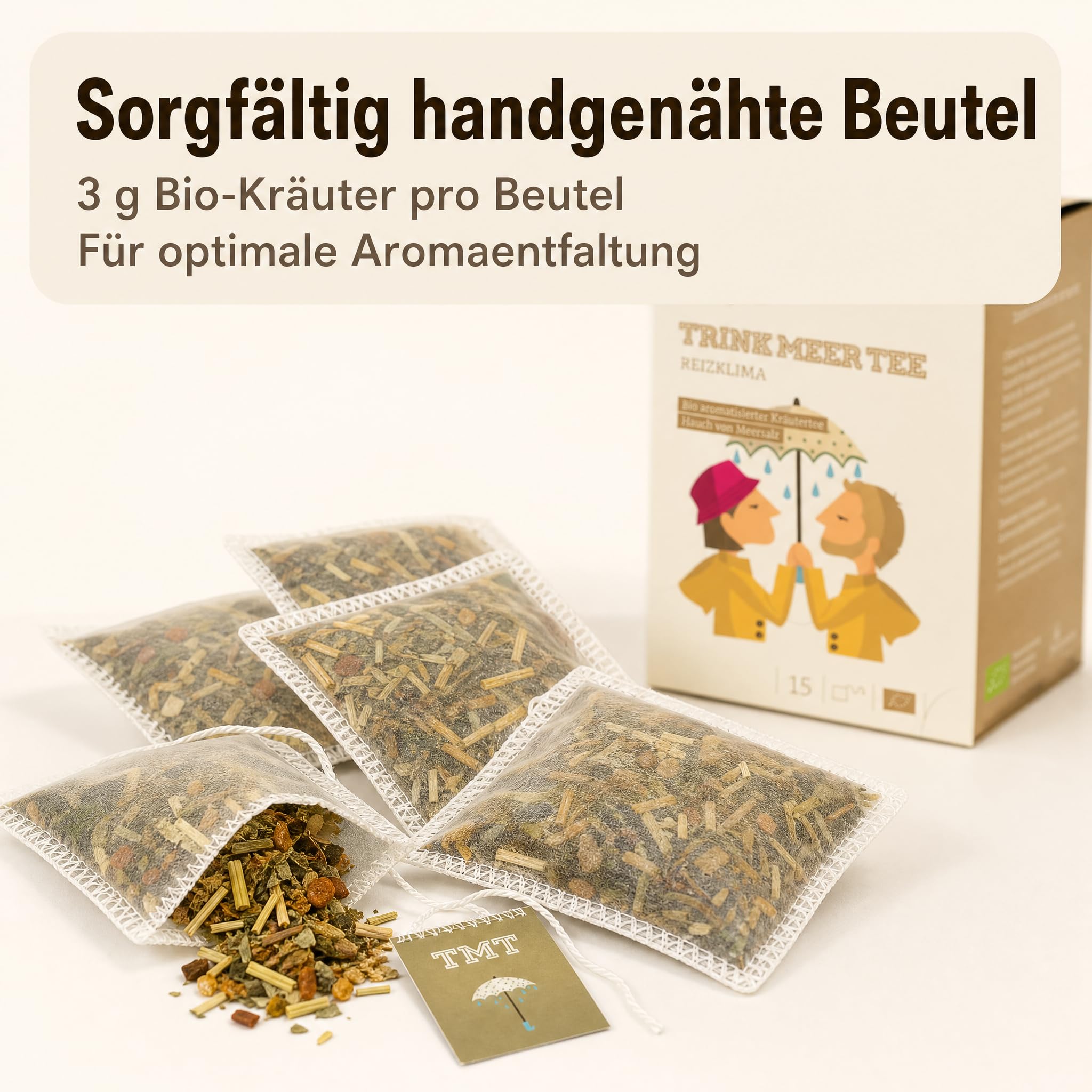 6 x TRINK MEER TEE REIZKLIMA Premium Kräutertee, mit Meersalz und Ingwer, vegan, glutenfrei, laktosefrei, handgenähte Kissenteebeutel, maritimes Design