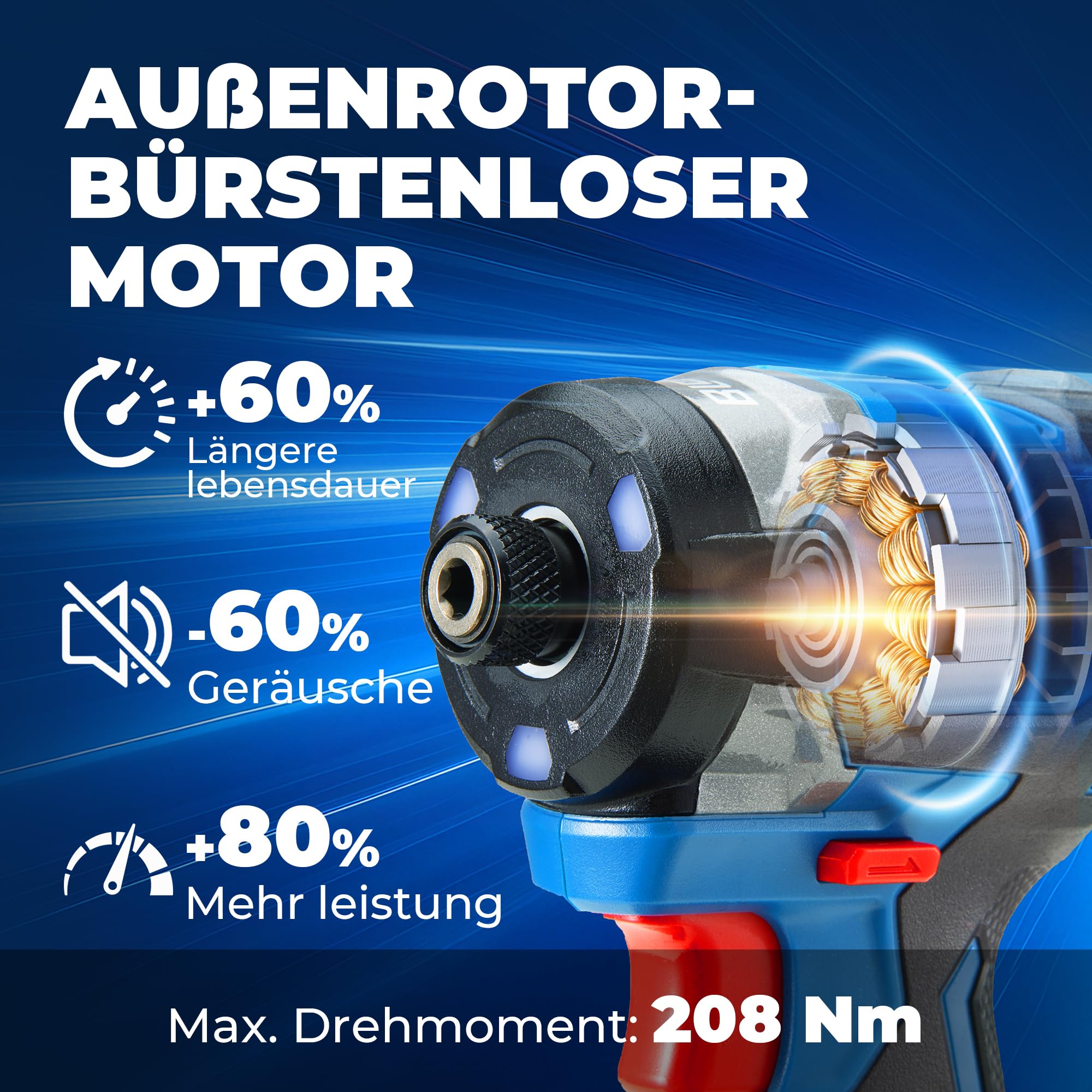 Dong Cheng 20V Bürstenloser Schlagschrauber, 208Nm Akku-Schlagschrauber, Selbstschneidend-Modus, 3200U/min, 4300IPM, 1/4" Sechskantfutter, 3 Geschwindigkeitsstufen, mit 2 * 2,0 Ah Akkus