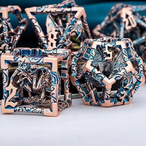 Miniatura 4 de ARUOHHA Juego de dados huecos DND de 5 cabezas, color azul cobre, con caja de regalo, juegos de rol, 7 piezas de metal RPG Dungeons D20 D12 D10 D8