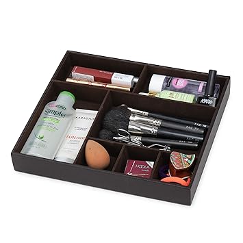 Azyeea Faux Leather Desk Organizer Tray, 7 Compartment for Multi-Functional, office, Study Table, Bedside Tray, Cosmetic Organizer Tray (Brown) - image, photos
