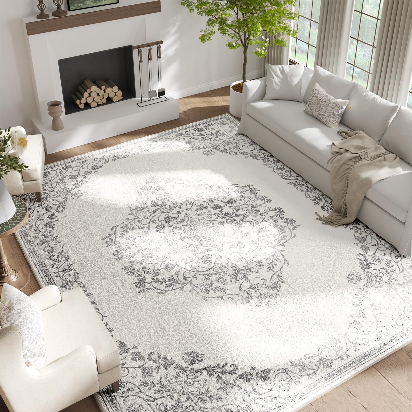 jinchan Area Rug 8x10 Washable Rug Vintage Living Room Carpet Thin Non Slip Large Mat Floral Medallion Boho Floor Cover Low Pile Carpet for Bedroom Dining Room Nursery Office Farmhouse Grey On Cream