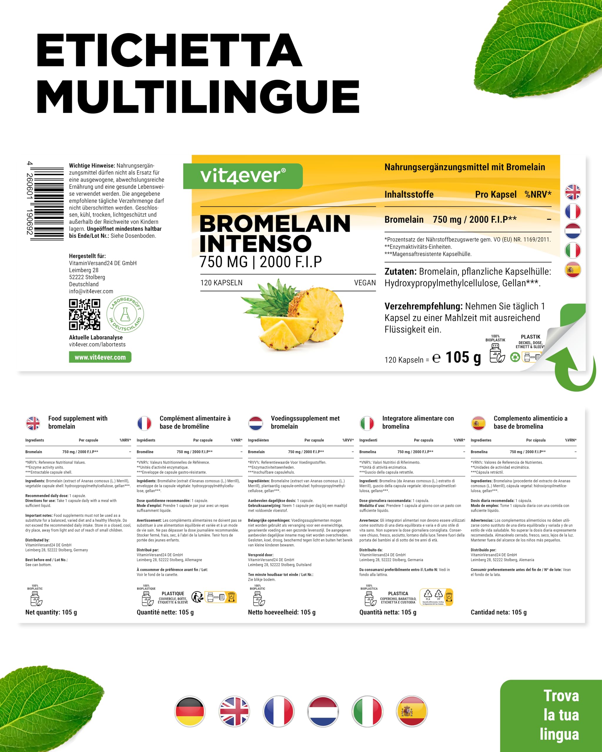 Bromelina Intenso - 750 mg (2000 F.I.P) - 120 capsule rivestite con enterici - Estratto naturale di ananas - Vegano - Altamente dosato
