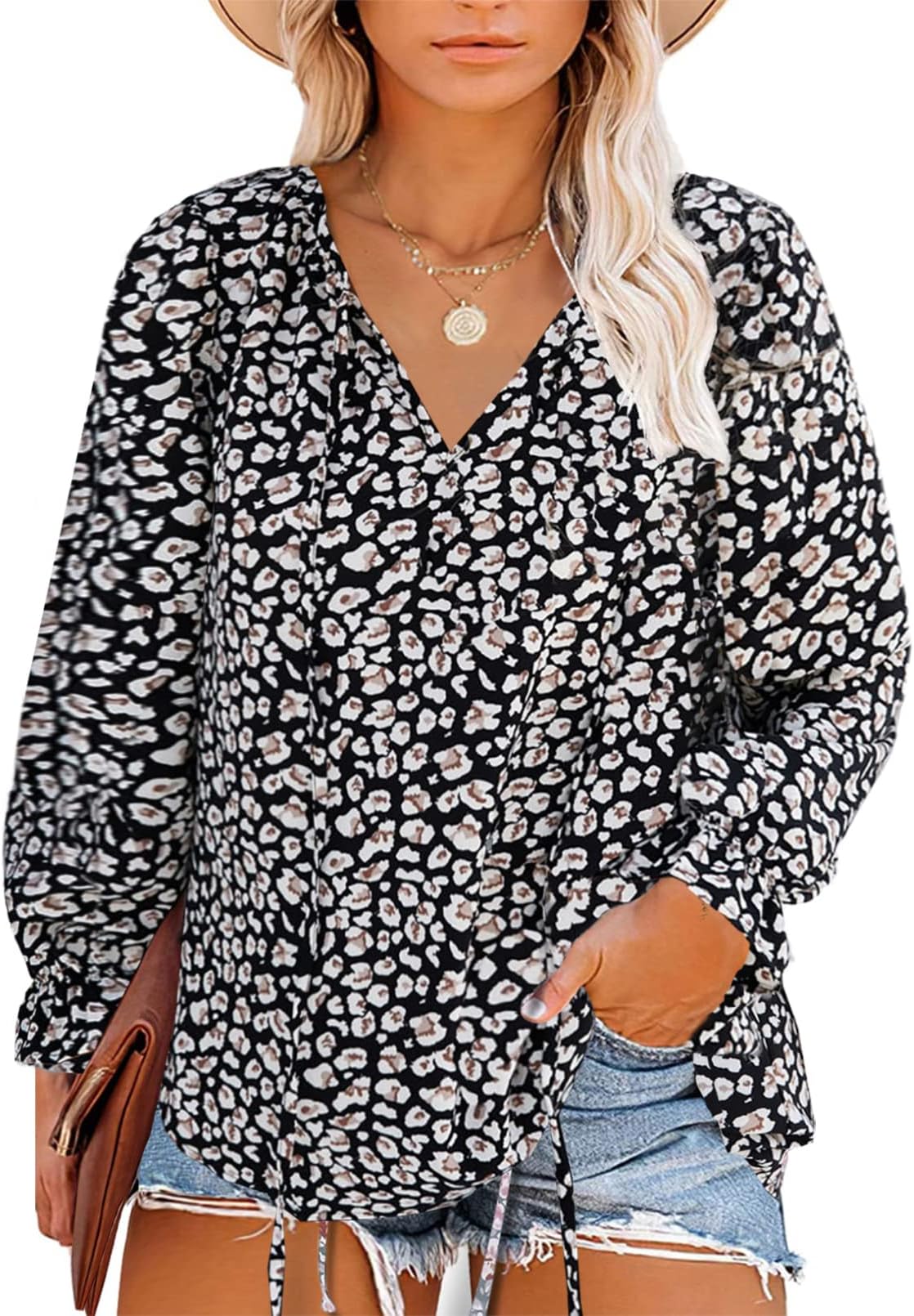 Eytino Women Plus Size Tops Boho Floral Printed Casual V Neck Long Sleeve Drawstring Blouses Shirts(1X-5X)