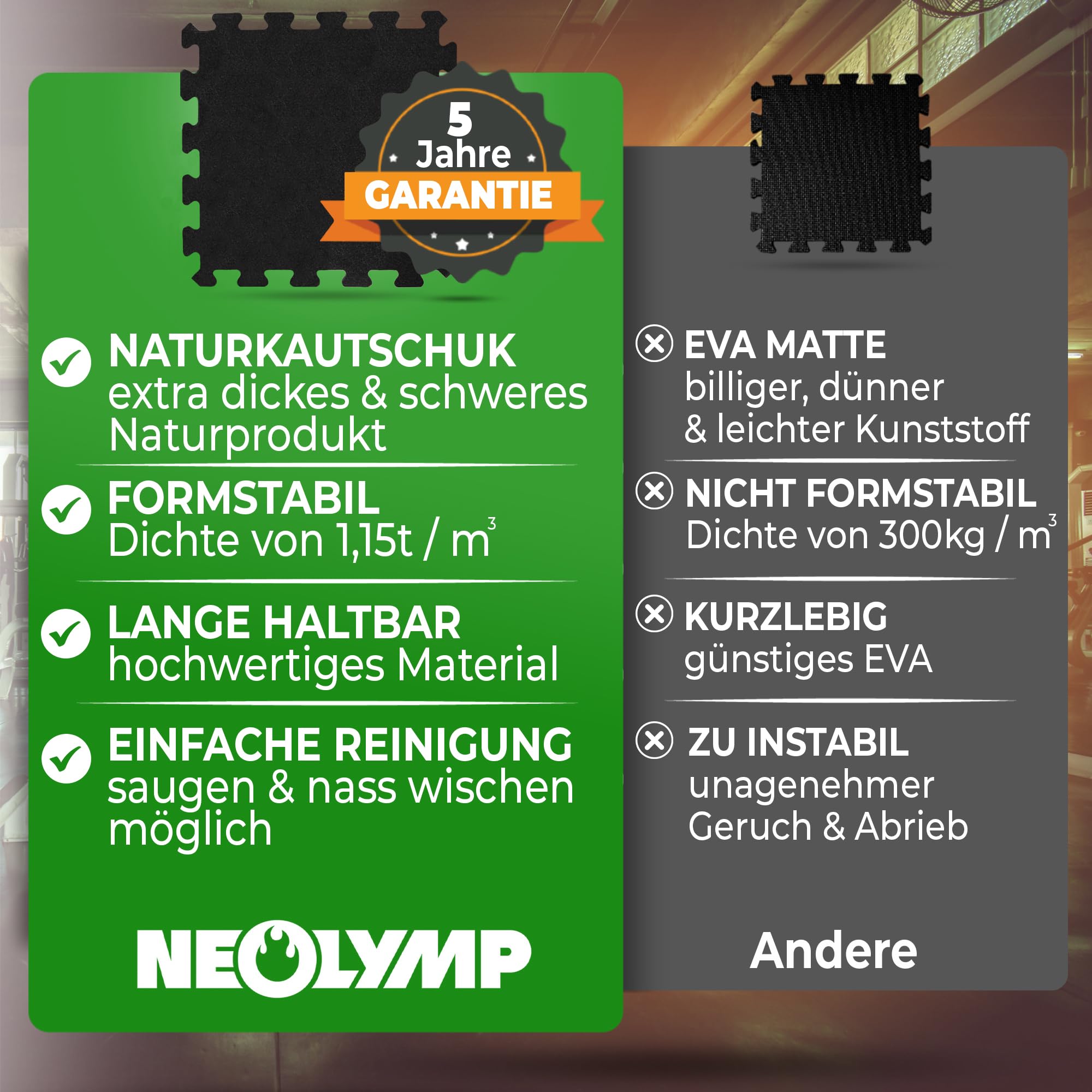 NEOLYMP Bodenschutzmatte Fitness, extra Dicke und robuste Gummimatte Fitnessboden - Puzzlematte Bodem, Gymnastikmatte, Sportmatte, Fitnessmatte (Schwarz, 8 Matten | 0,7 m²)