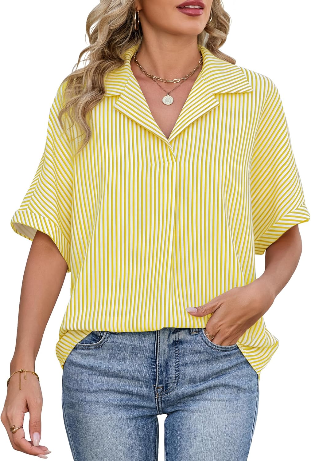 Womens Loose Fit Shirts Short Sleeve Striped Shirt Casual Collared Tops Women Offic...