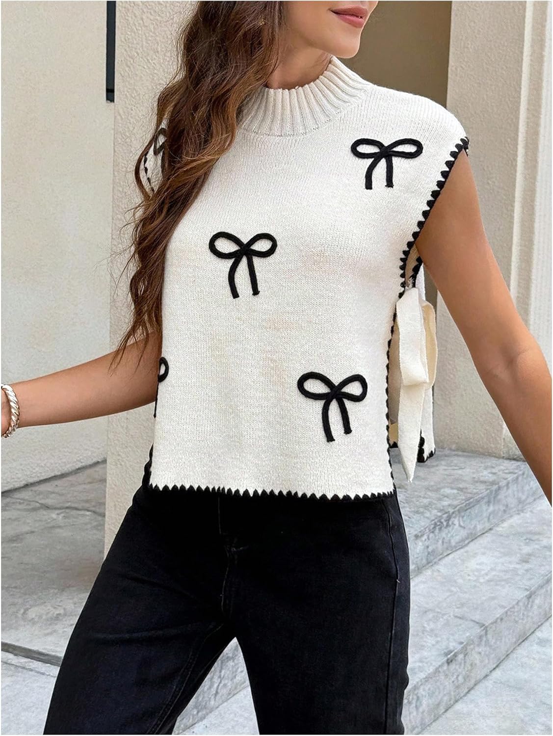 WDIRARA Women's Bow Embroidery Tie Side Sweater Vests Mock Neck Sleeveless Knit Tank Tops - Image 4