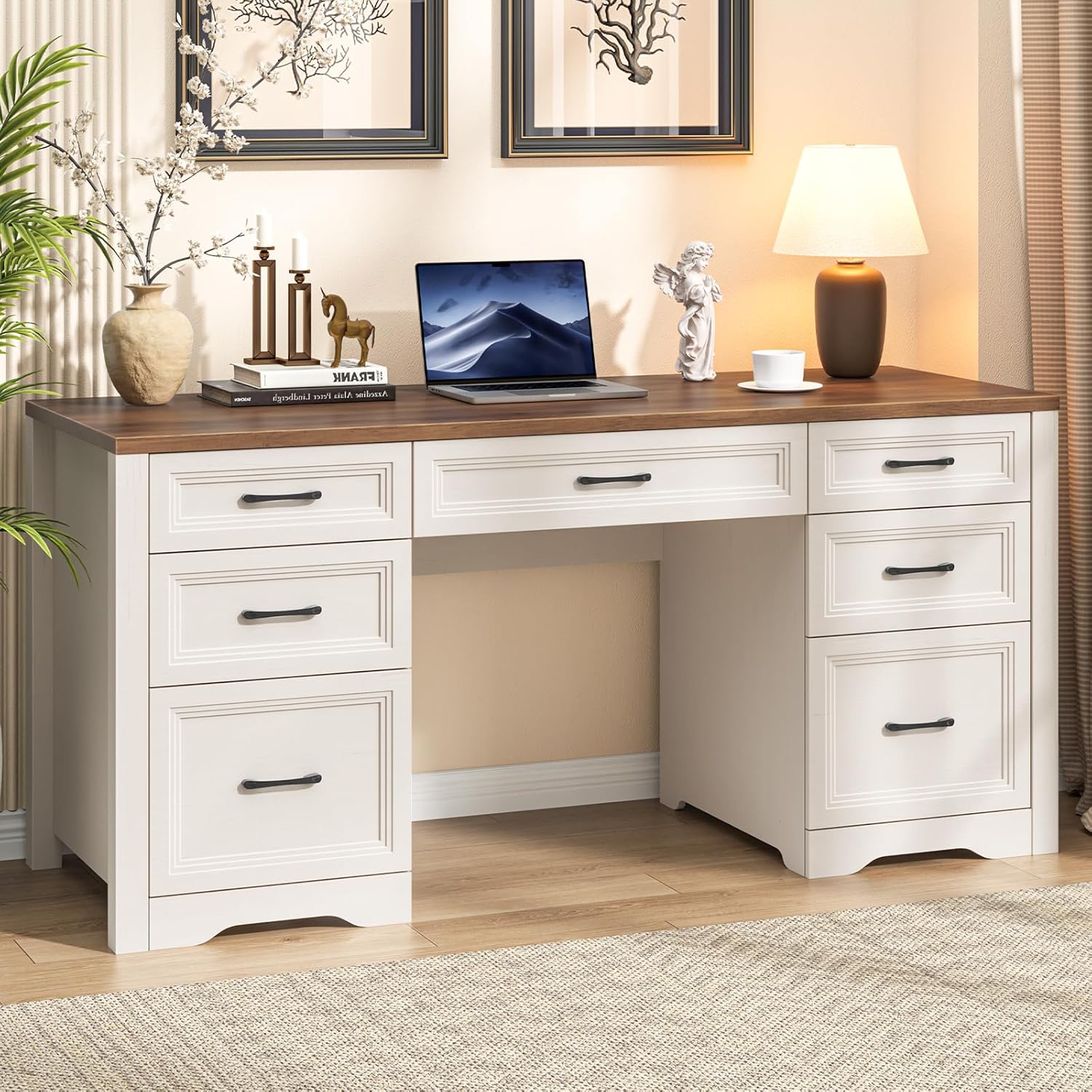 Farmhouse Executive Desk, Wood Home Office Desk with 2 Large File Drawers and 5 Storage Cabinets, Rustic Writing Desk for Work and Study, Brown