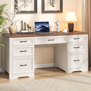 Halitaa Farmhouse Executive Desk, Wood Home Office Desk with 2 Large File Drawers and 5 Storage Cabinets, Rustic Writing Desk for Work and Study, Brown