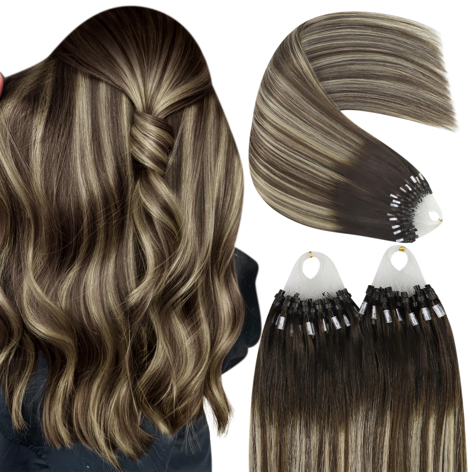 YoungSee Nano Beads Hair Extensions Blonde 14inch Nano Hair Extensions Warm Ash Blonde Highlights Bleach Blonde Nano Ring Hair Extension Highlight for Women Cold Fusion 50g Short Straight 50s — view 55