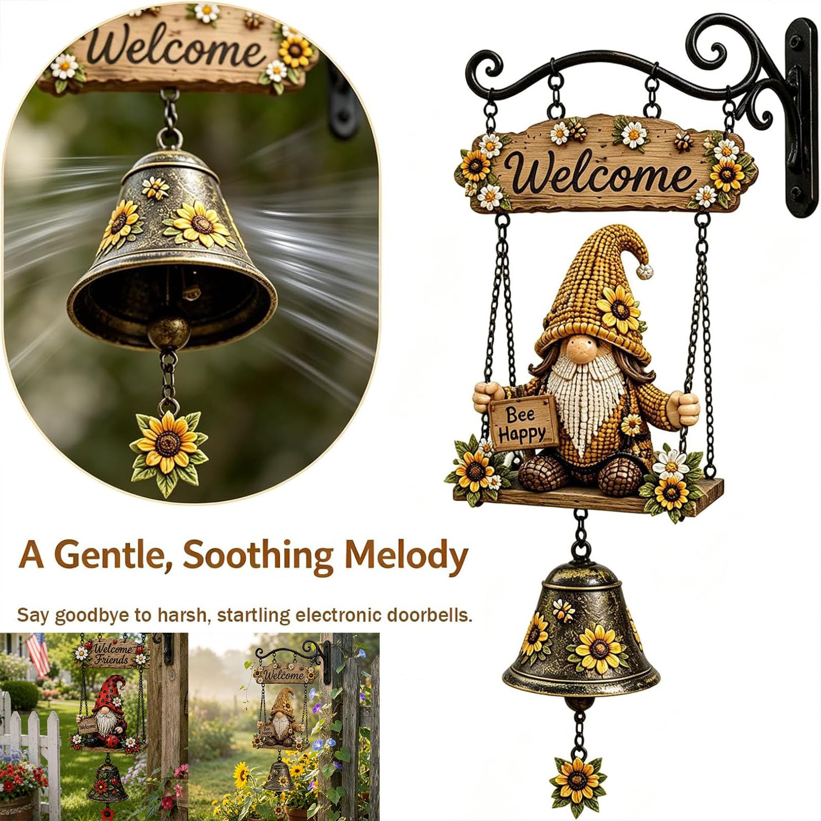 Gnomo Rustico Campana da Appendere, Gnomo Ape Girasole Campana di Benvenuto Decorazione da Appendere alla Parete, Gnomi Fatti a Mano in Fattoria, Campana a Vento, con Caloroso Saluto (#a)