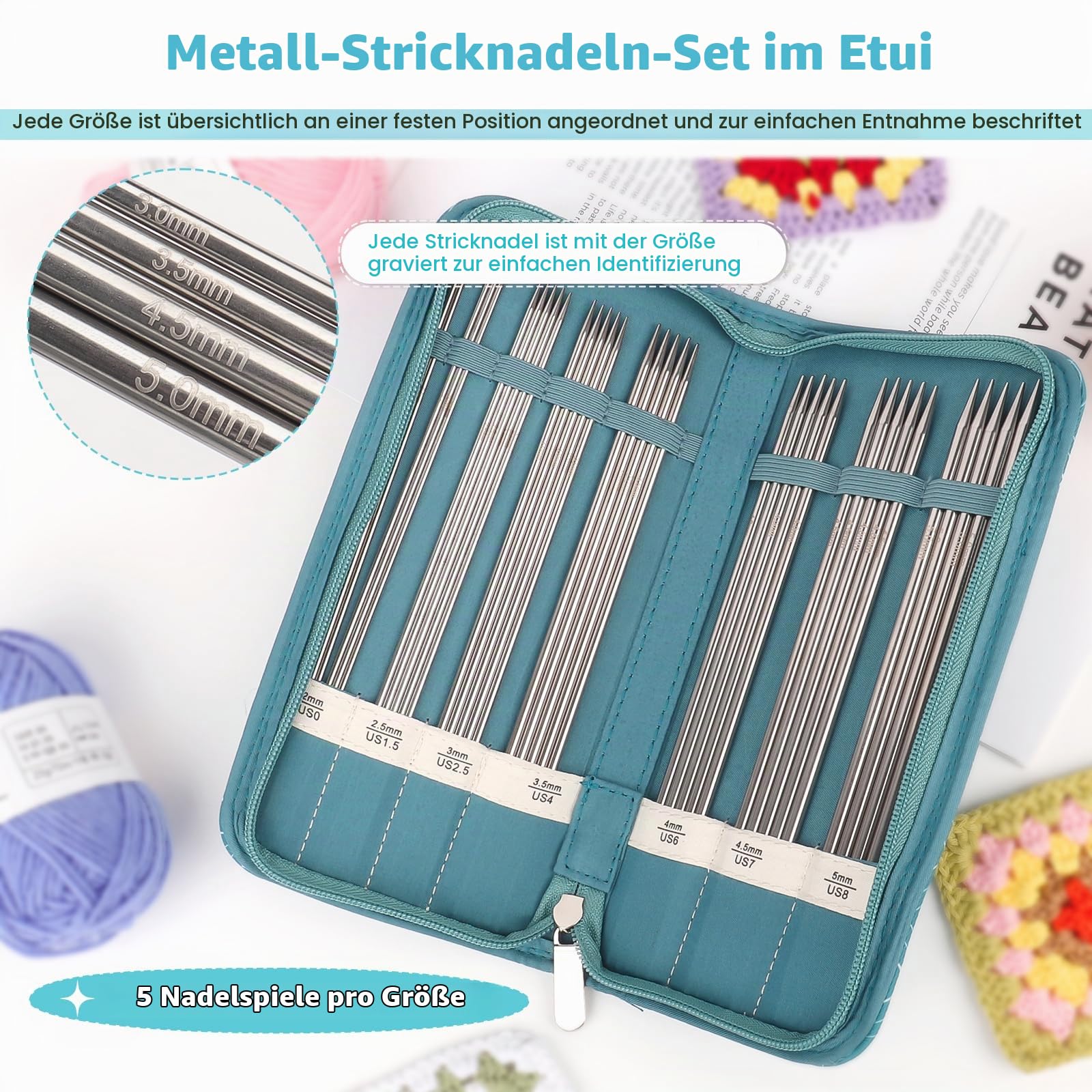 Stricknadeln Set 20 cm mit Stricknadel Aufbewahrung Organizer, Aeelike Edelstahl Nadelspiel Set mit Größen, 2,0mm