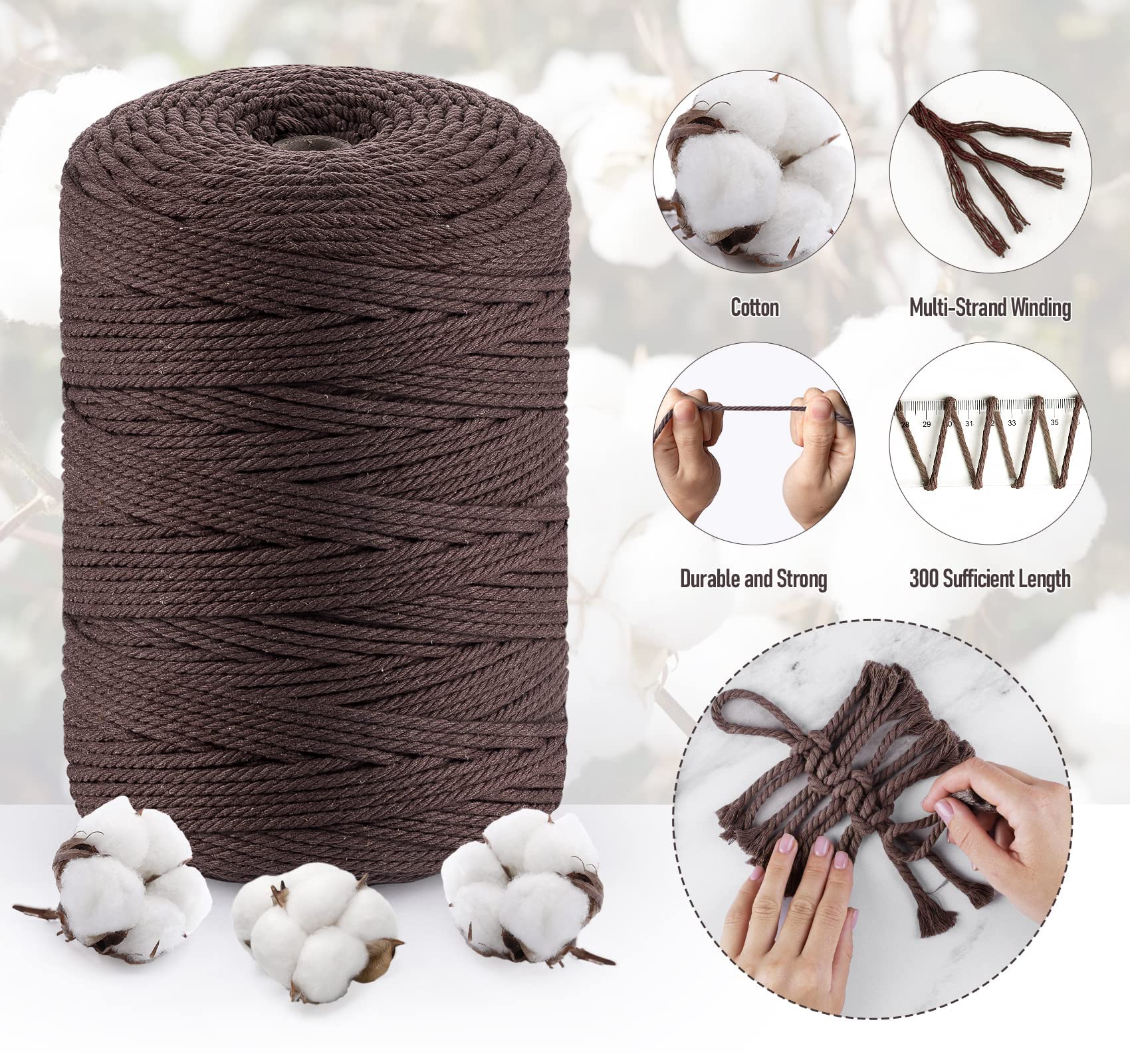 Ficelle Macramé Ilauke 300M - 3 Rouleaux Corde Coton 3mm 4-Ply Naturelle Jaune Orange Rouge Pour Tapisseries, Décorations Et DIY