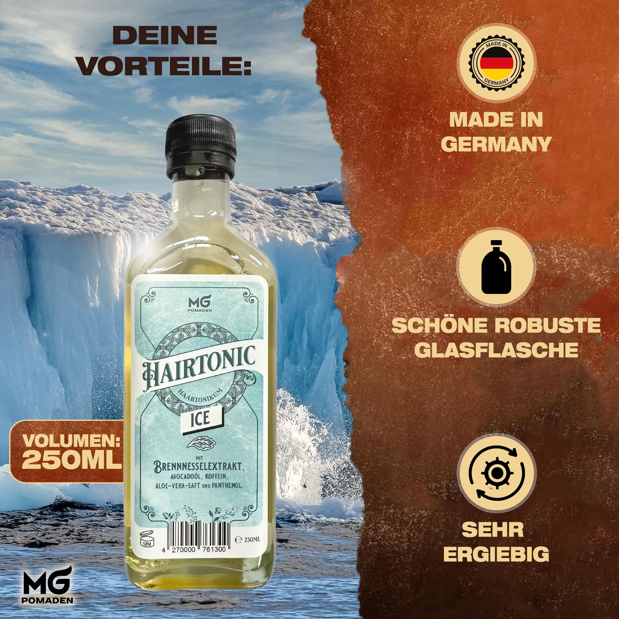 Hairtonic ICE, Kühleffekt durch Menthol, Haartonikum, Haarwasser, pflegend für Haar & Kopfhaut mit Koffein Brennnesselextrakt, Aloe-Vera-Saft, Avocadoöl, Panthenol, Unterstützt Haarwachstum