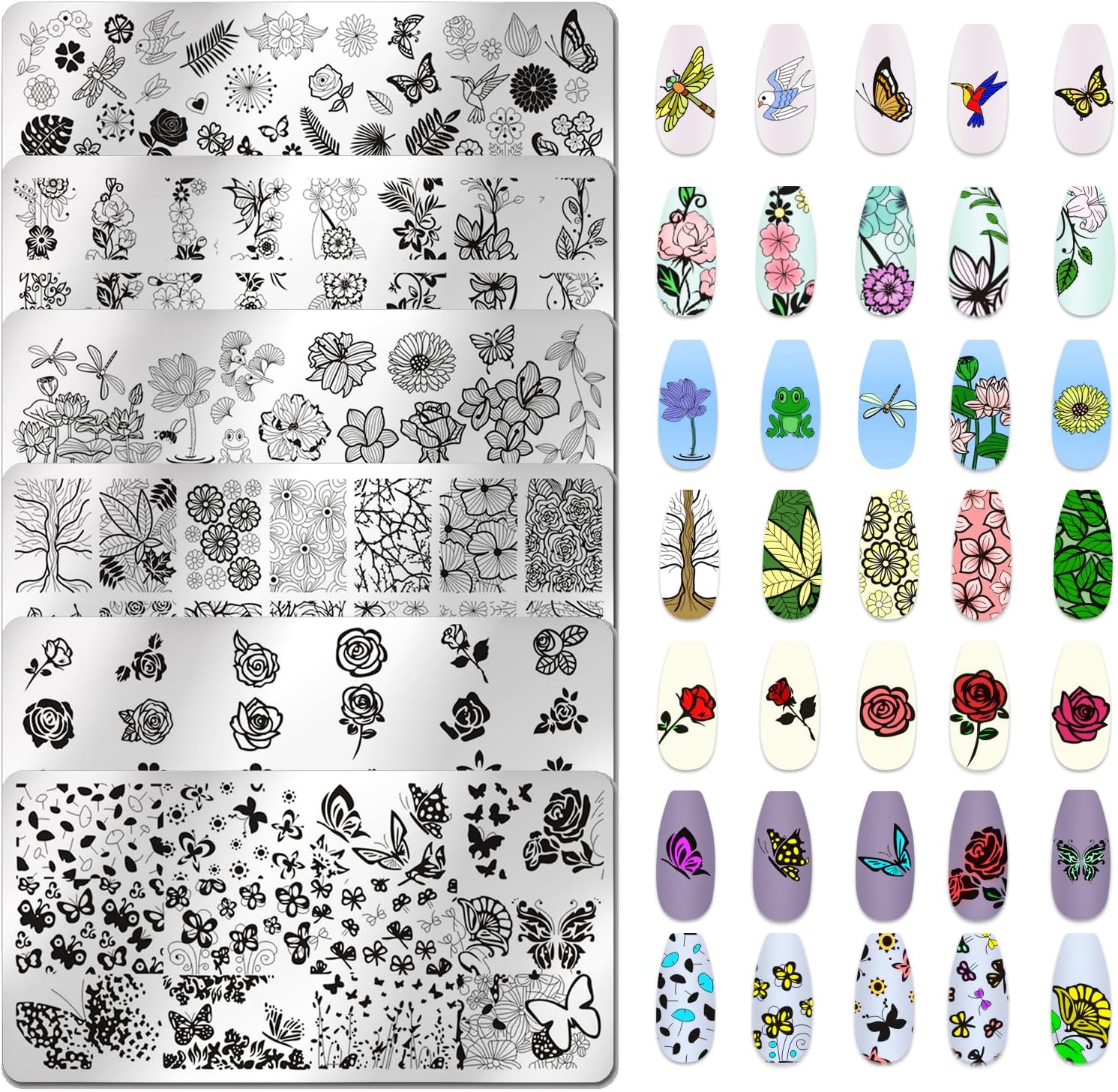 6pcs Flower Nail Stamping Plate Nail Stamping Kit for Nails Rose Flower Lotus Butterfly Leaf Image Plates Nail Design Template Print Nail Stamper Kit for Women