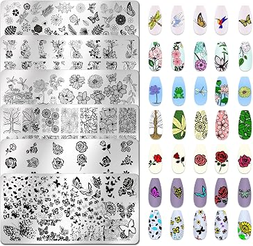 6pcs Flower Nail Stamping Plate Nail Stamping Kit for Nails Rose Flower Lotus Butterfly Leaf Image Plates Nail Design Template Print Nail Stamper Kit for Women