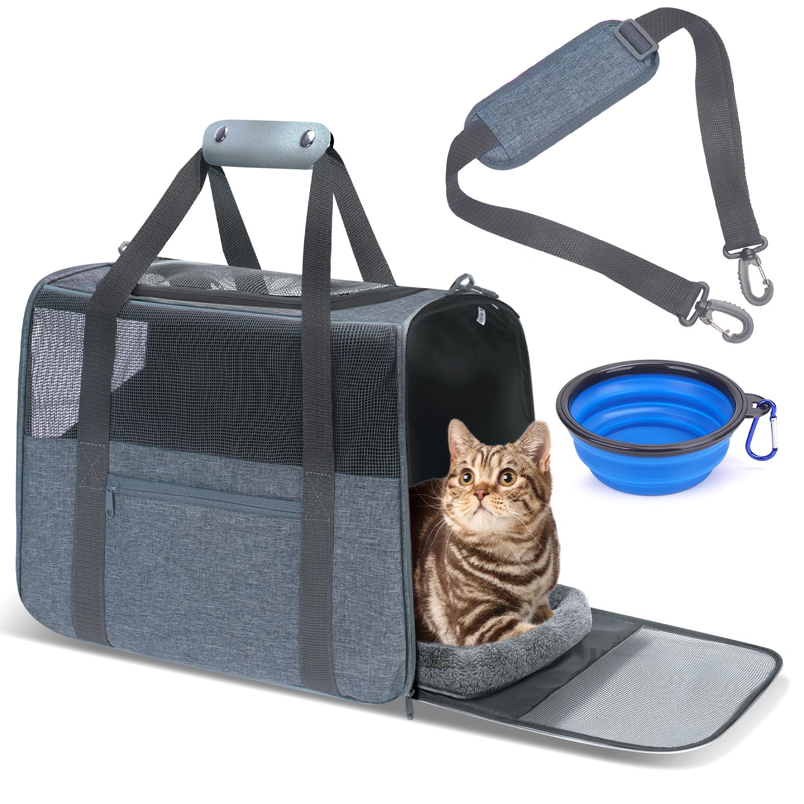 JUNGYOUN Premium ​Cat Carrier - ​Pet Carrier for Cat & Small Dogs up to 15lbs - ​Airline Approved Travel Dog Carrier with Anti-Escape Zippers, Collapsible Travel Bowl & Padded Strap