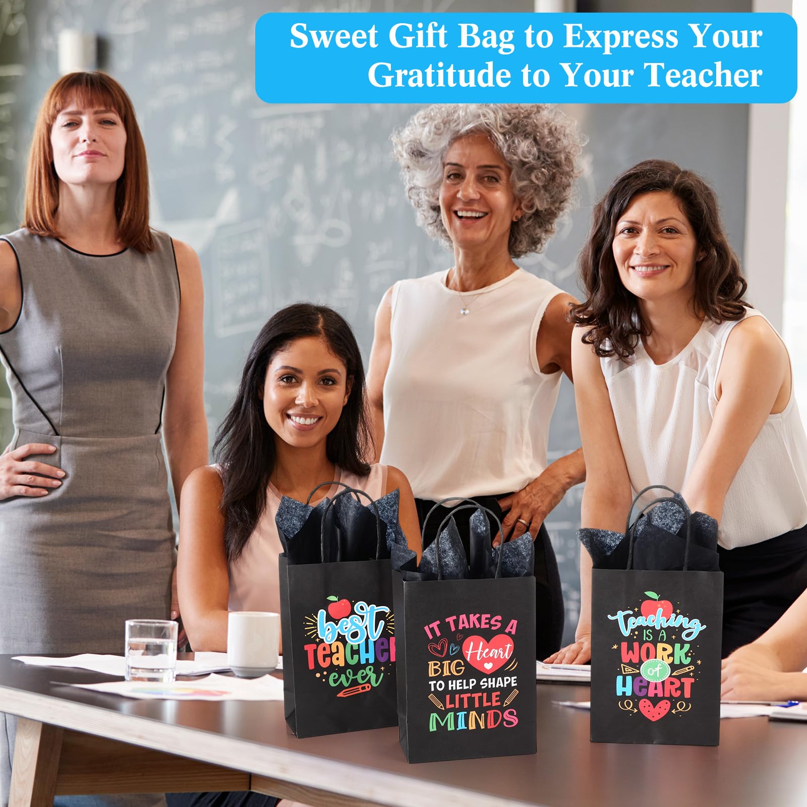 Skyygemm 60 Pack Teacher Appreciation Gift Bags with Tissue Paper Thank You Teacher Paper Gift Bags with Handle for Classroom School End of Year Christmas Party Favors(Black Color)
