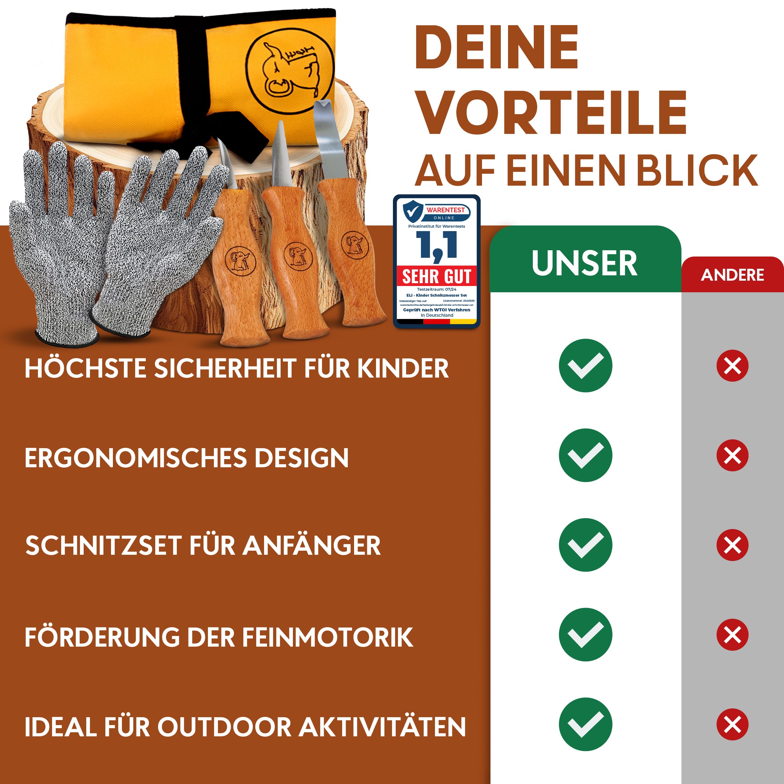 Eli® Schnitzmesser Kinder Set ab 6 Jahre inkl. Handschuhe und Schnitzholz | hochwertiges 15-teiliges Kindermesser Schnitzset - Kinderschnitzmesser - Schnitzwerkzeug - Taschenmesser - schnitzen Geschenk