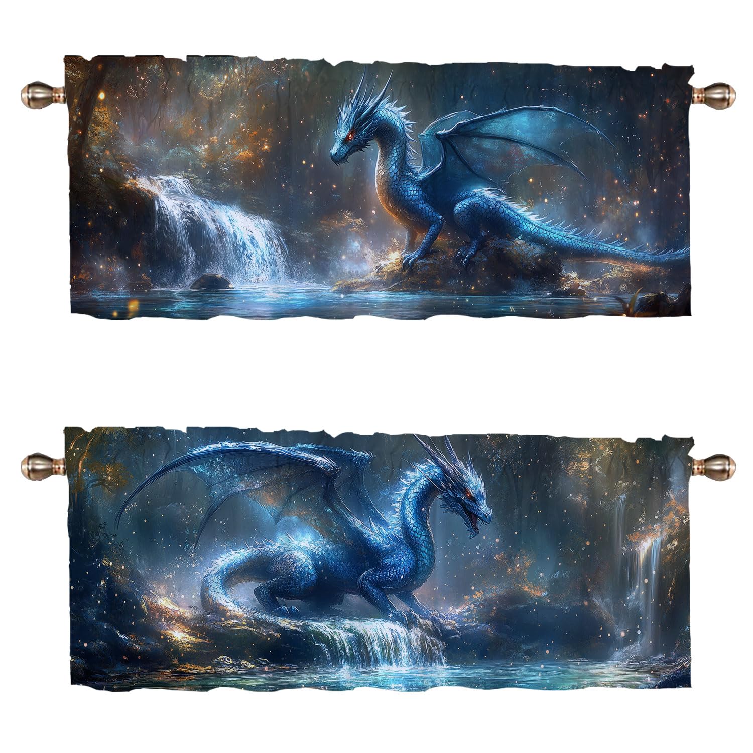 WUQIANQ Dragon Forest Kitchen Curtains 2 Pack Fantasy Theme Magic Animal Rod Pocket Decorative Small Window Curtains Valance for Cafe Living Room Bathroom Window Treatment Valances 54x18in