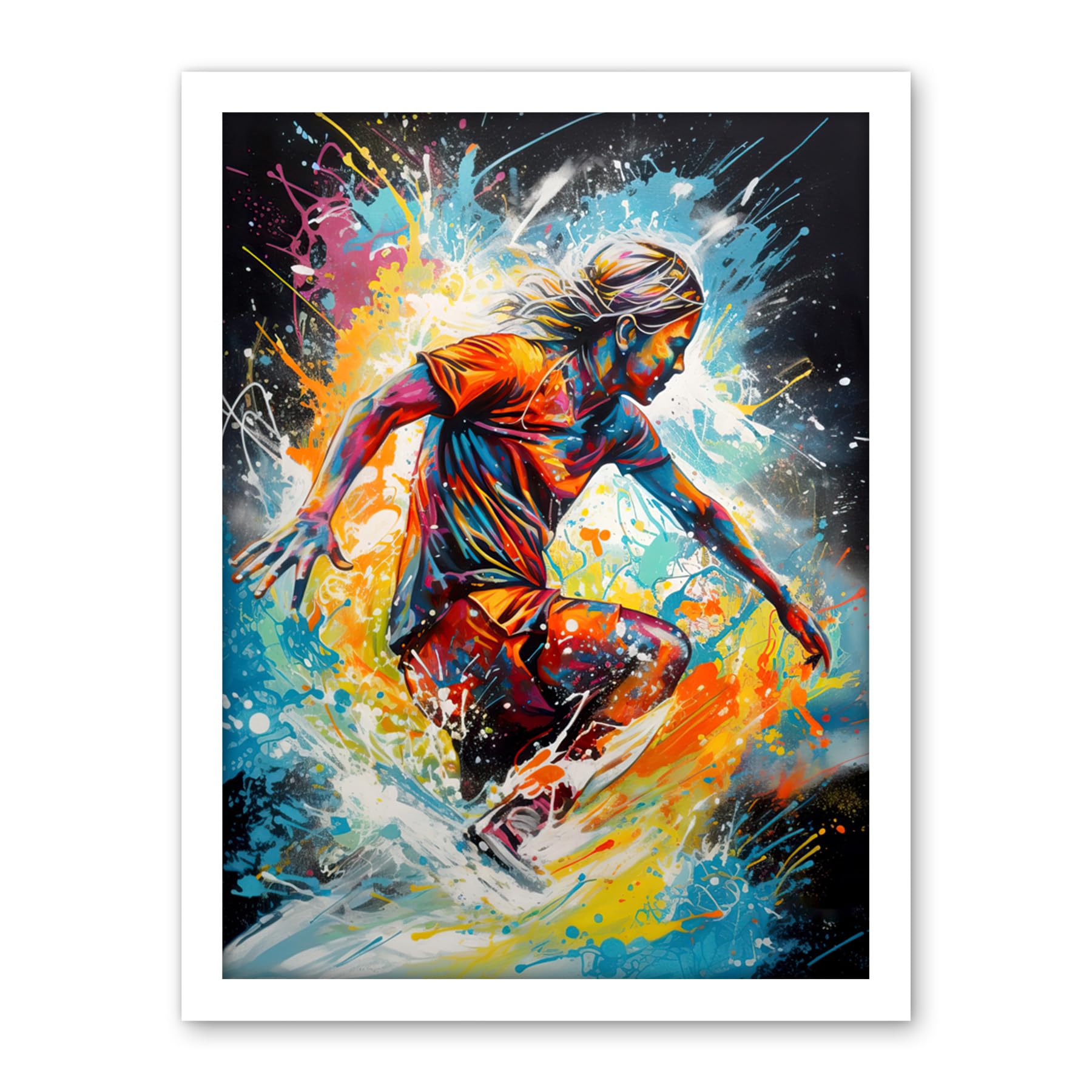 Artery8 Surfer Surfing on Splatter Paint Crashing Waves Artwork Framed Wall Art Print 18X24 Inch