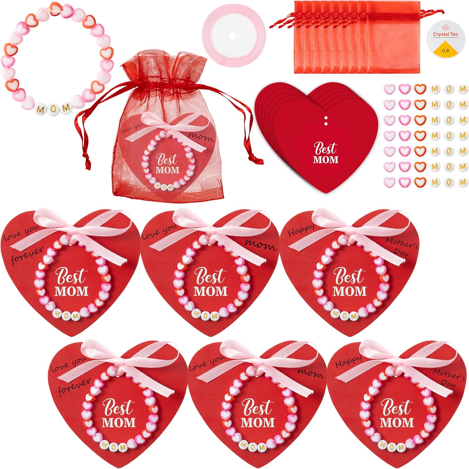 BeYumi Mom Bracelet Craft Kit - 24 Pack Mother's Day Mom Letter Heart Beads Bracelets with Heart Gift Cards and Bags DIY Thankful Craft Kit to Mothers School Classroom Party Fun Activities Ages 6-12