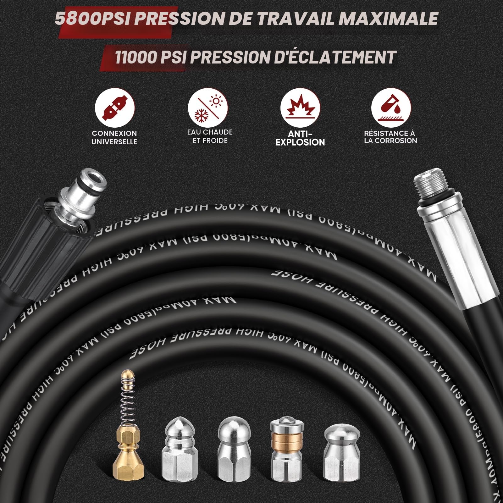 30M Déboucheur Canalisation Haute Pression - 5 Buses + Adaptateur Karcher, 5800 PSI/400 Bar, Compatible avec Karcher K2-K7(Adaptateur standard)